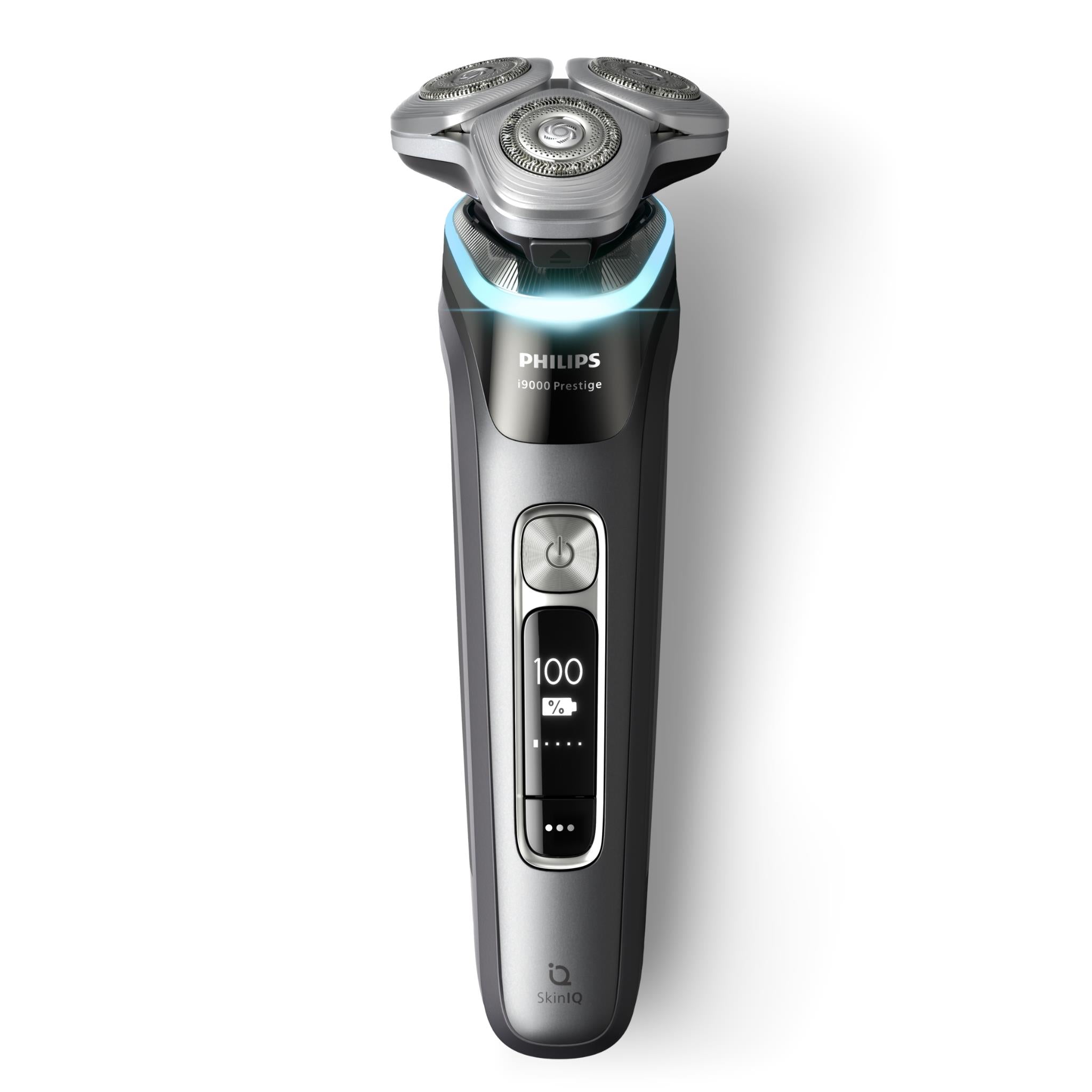 Electric shaver head and control display on silver and black handle