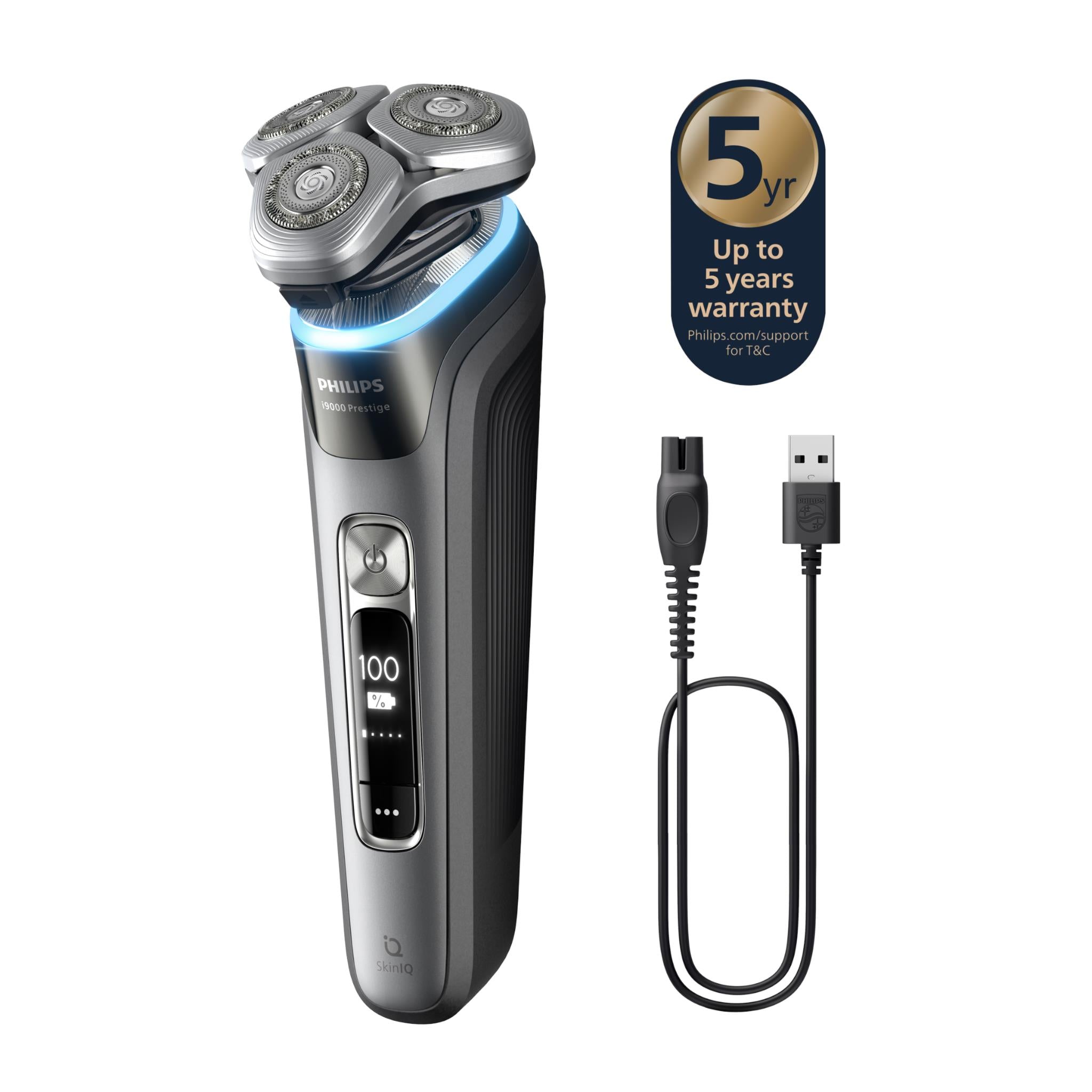 Electric shaver with USB charging cable and warranty badge