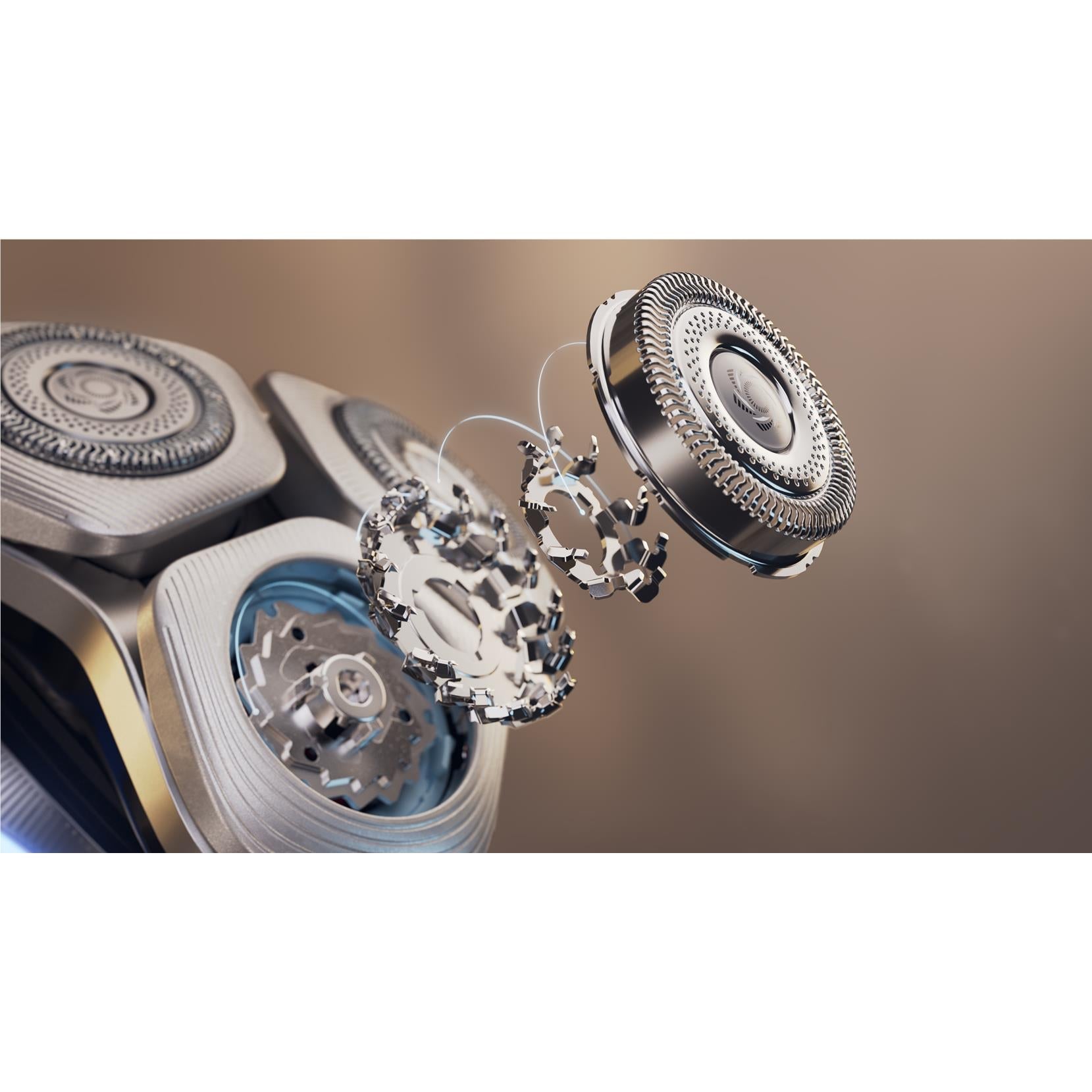 Electric shaver cutting system close-up with rotating blades