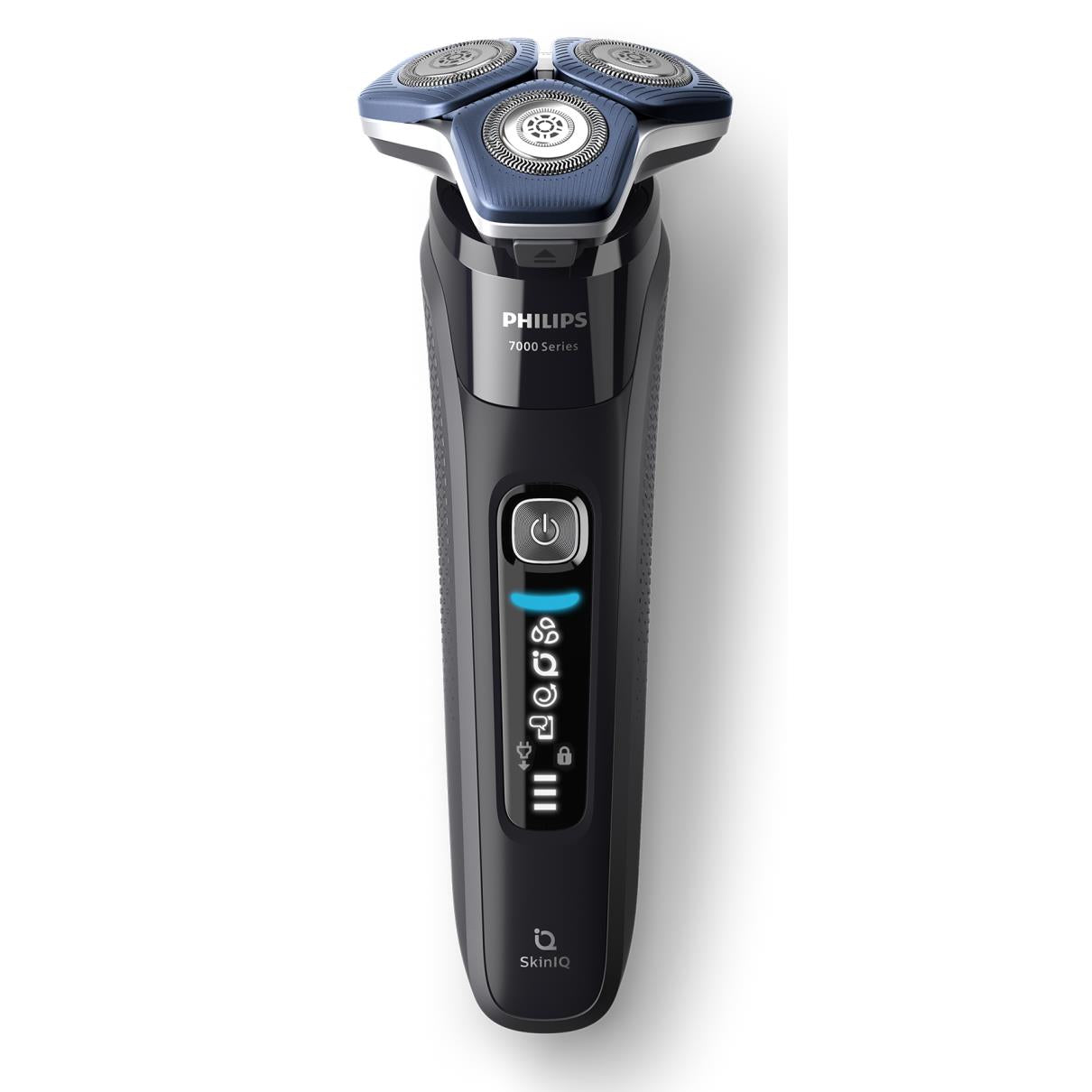 Black electric foil shaver with three circular heads and SkinIQ display panel