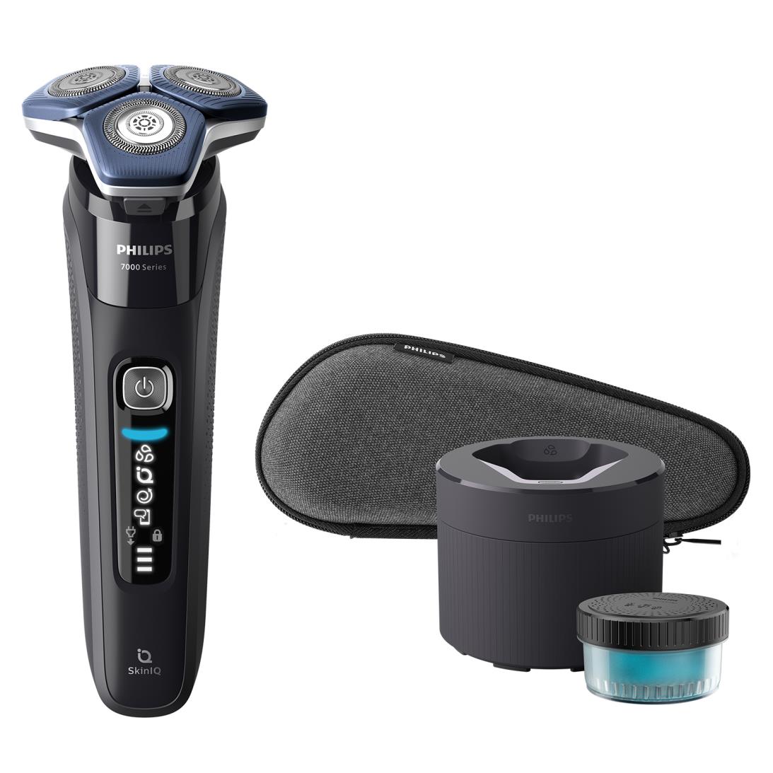 Black electric foil shaver with protective pouch and charging dock with brush attachment