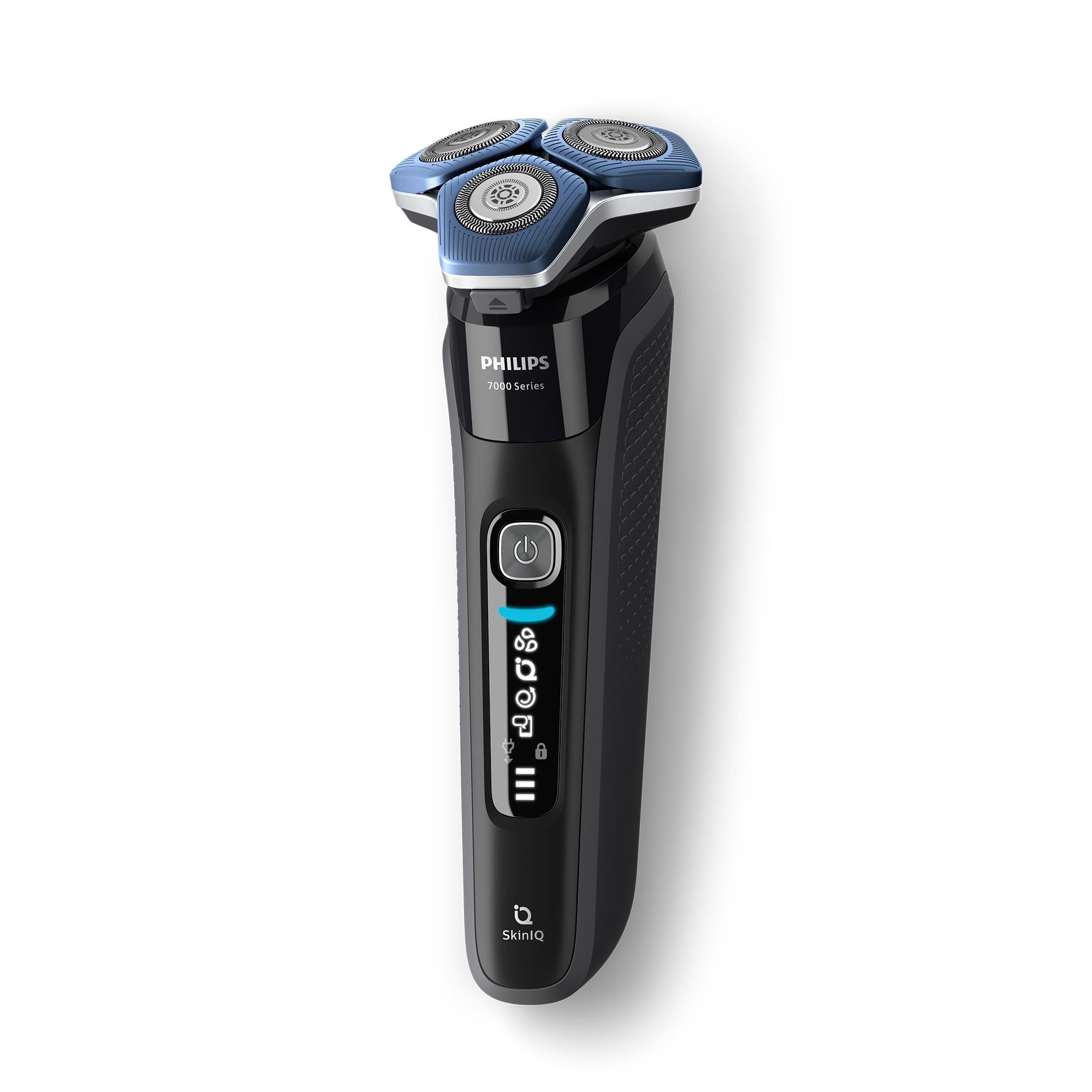 Black electric foil shaver with blue foil head and SkinIQ control buttons