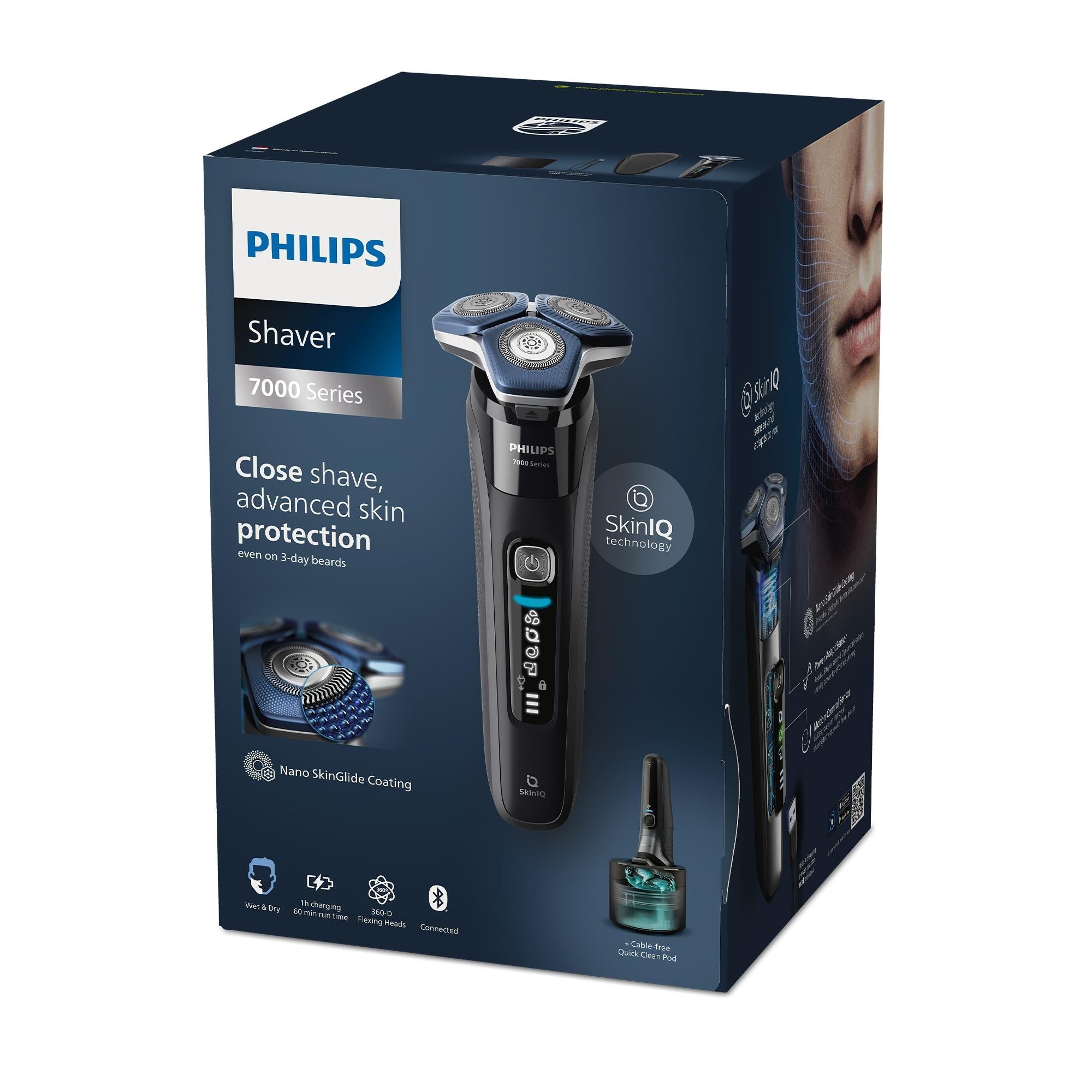 Philips Series 7000 electric shaver retail box with close-up shaver and SkinIQ badge