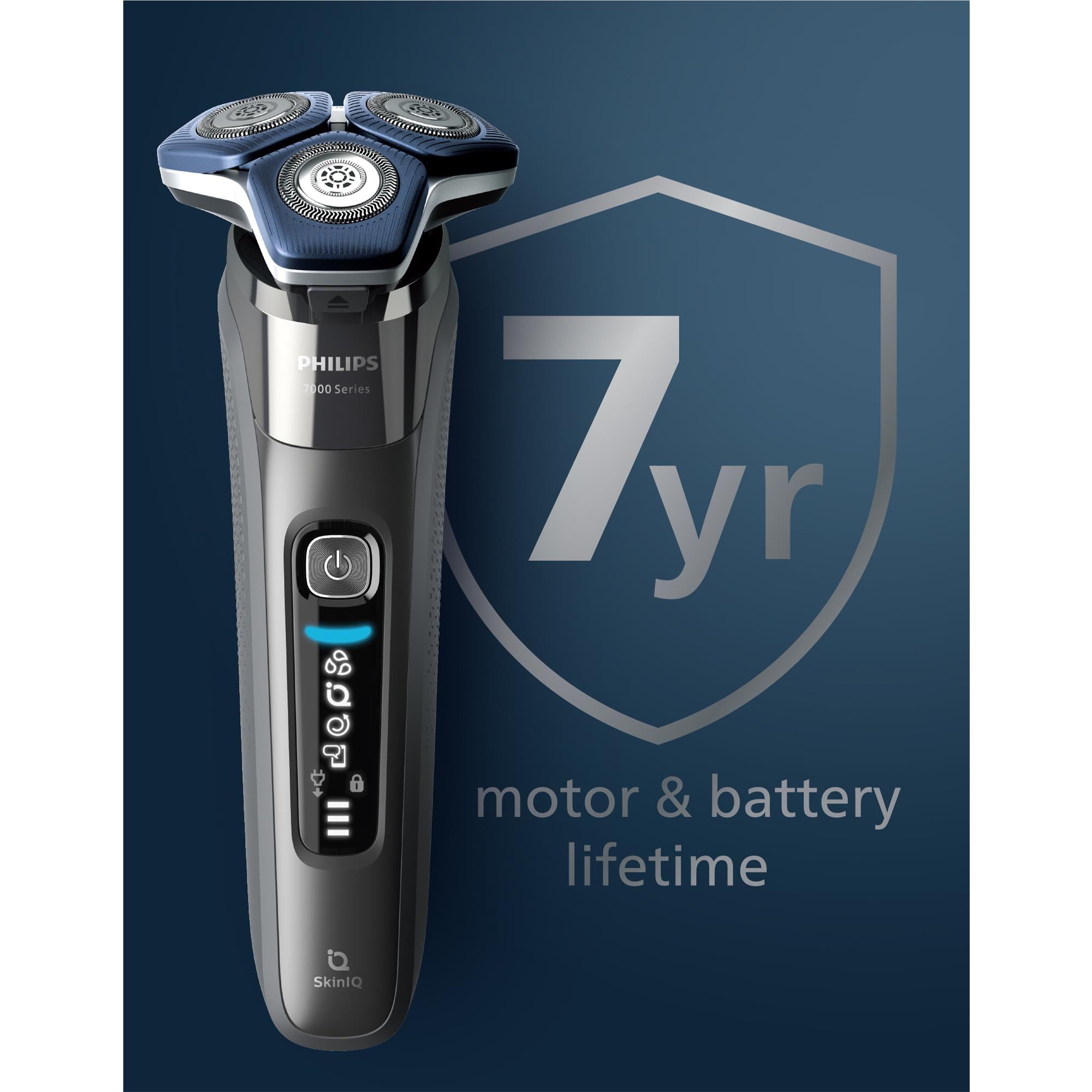 Black electric foil shaver with blue foil head and SkinIQ control display