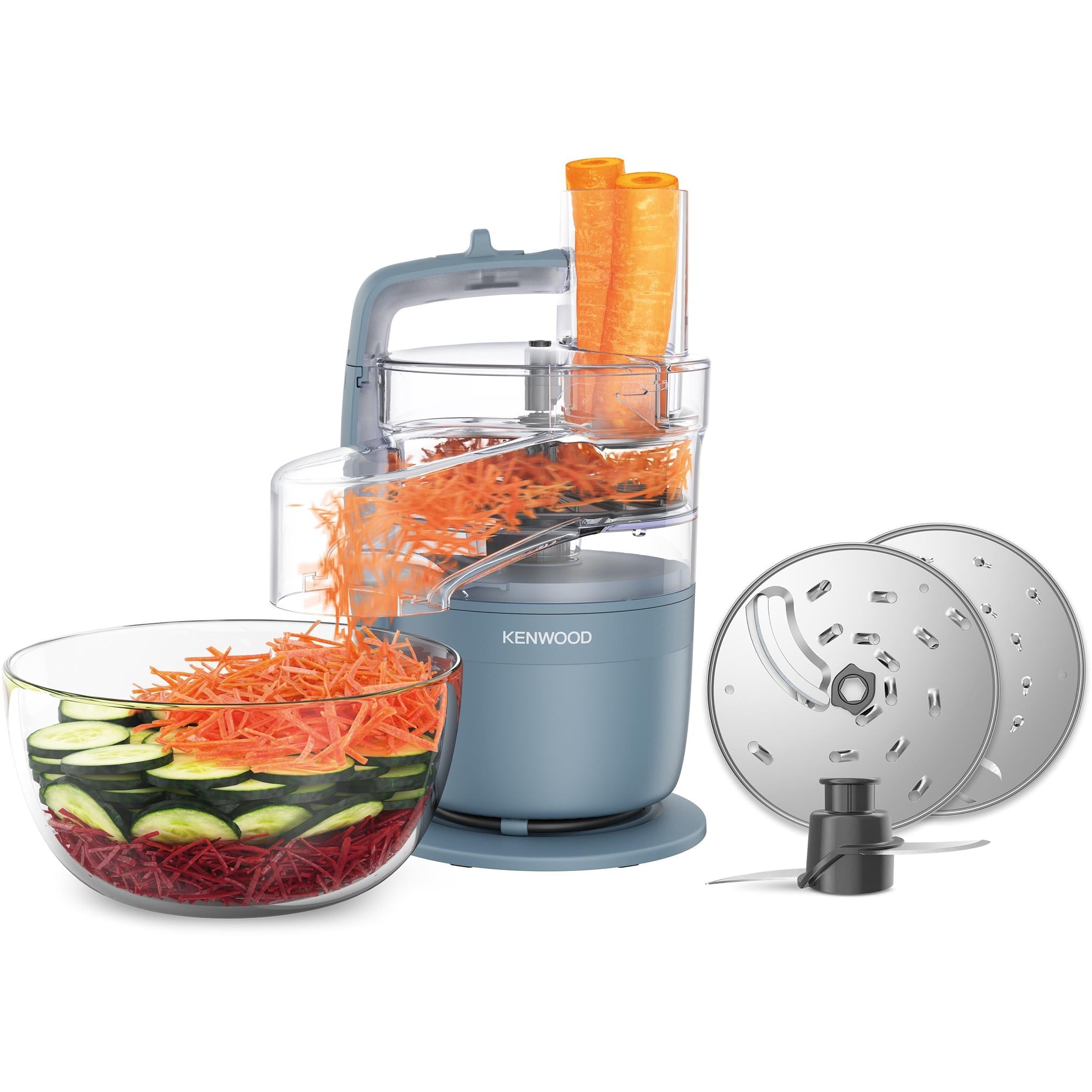 Storm Blue food processor with transparent bowl, lid, and slicing disc attachment