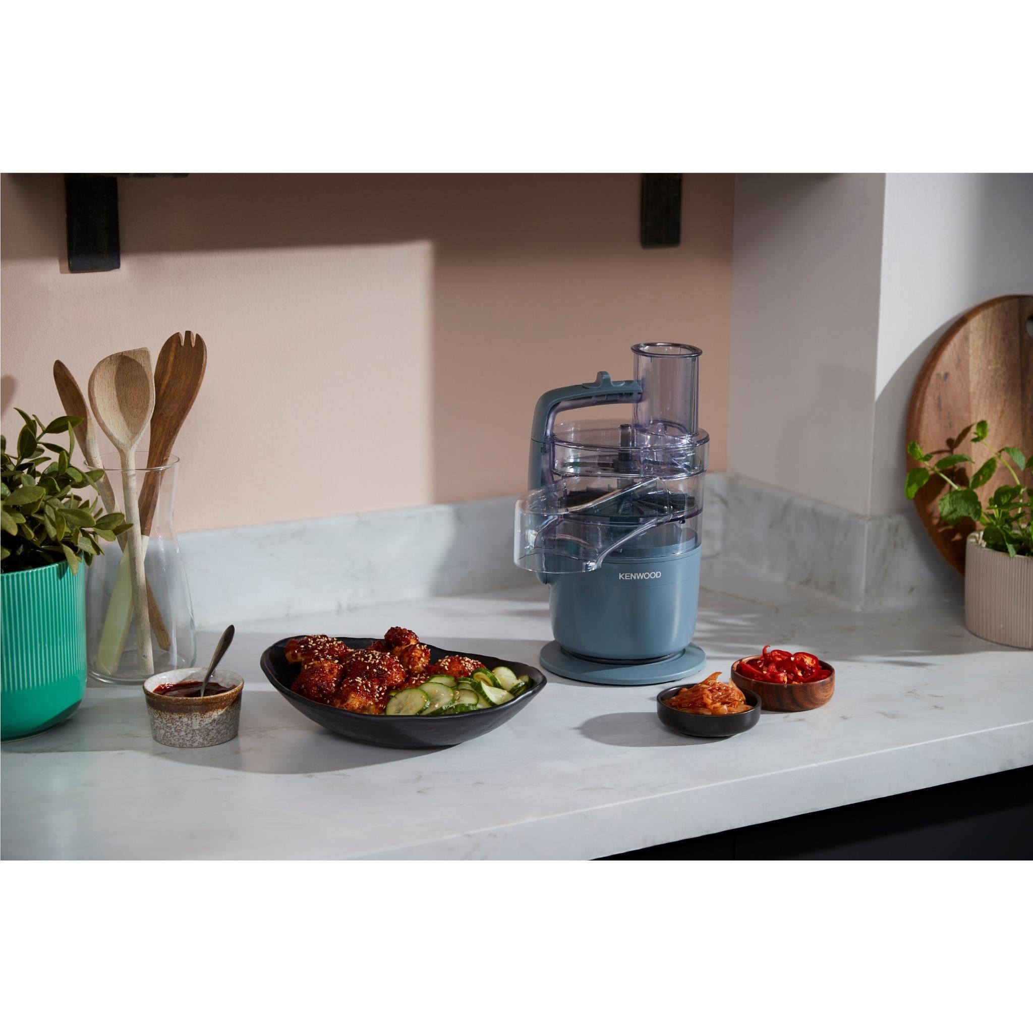 Storm Blue food processor with transparent bowl and feed tube