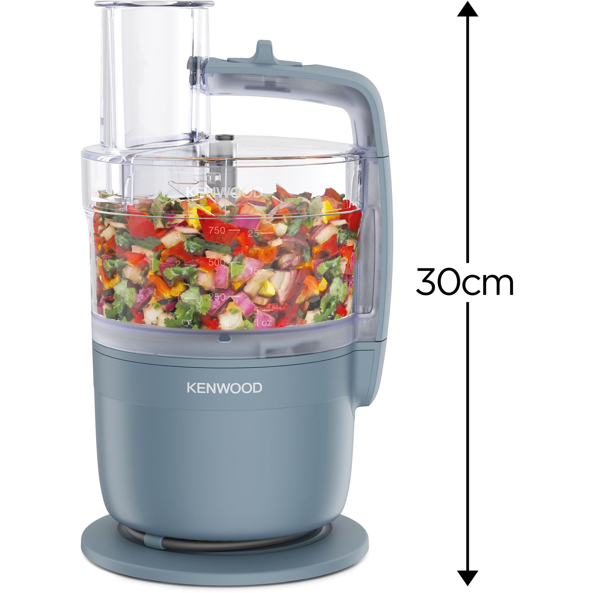 Storm Blue food processor with tall transparent bowl and 30cm height indicator