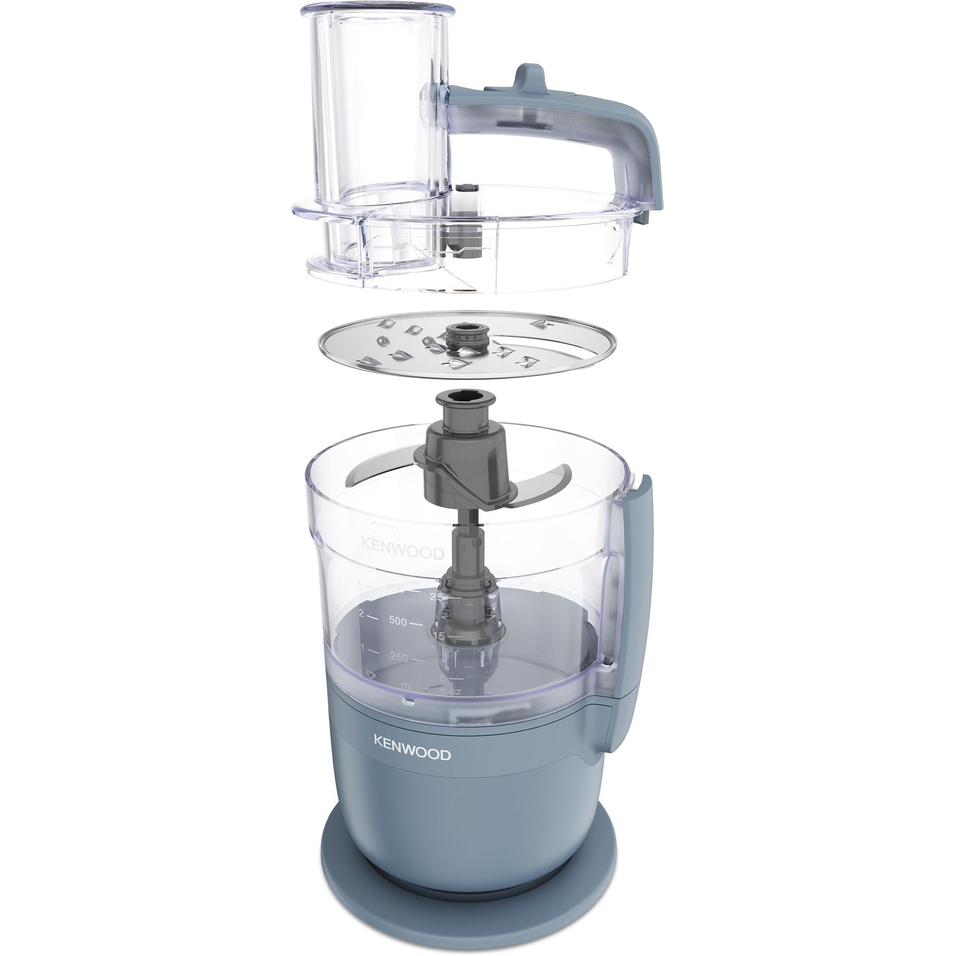 Storm Blue food processor with transparent multi-attachment bowl and slicing plate
