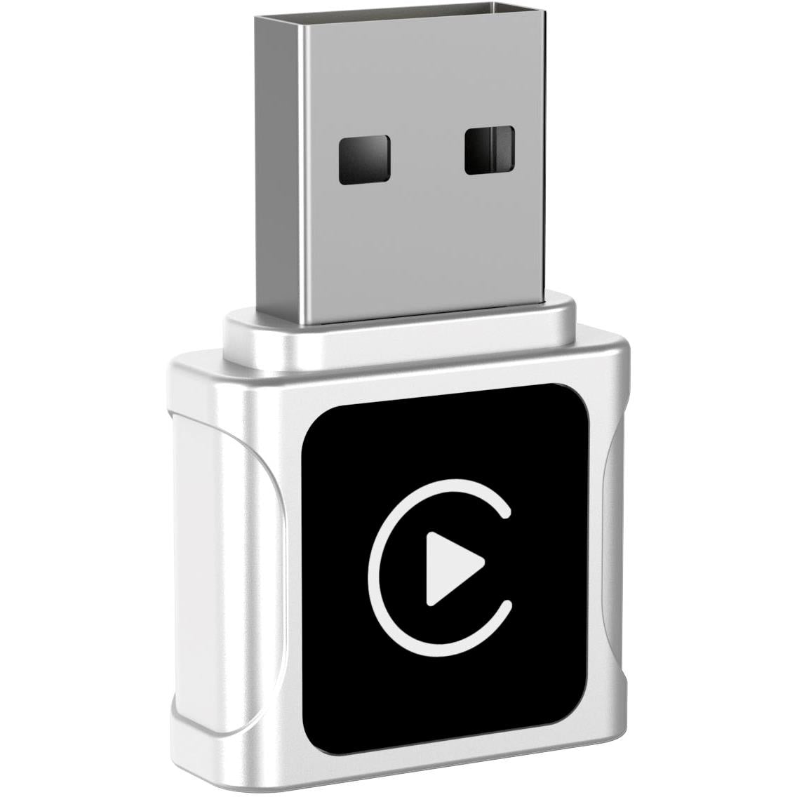 Wireless CarPlay mini dongle with USB plug and black panel, play button icon