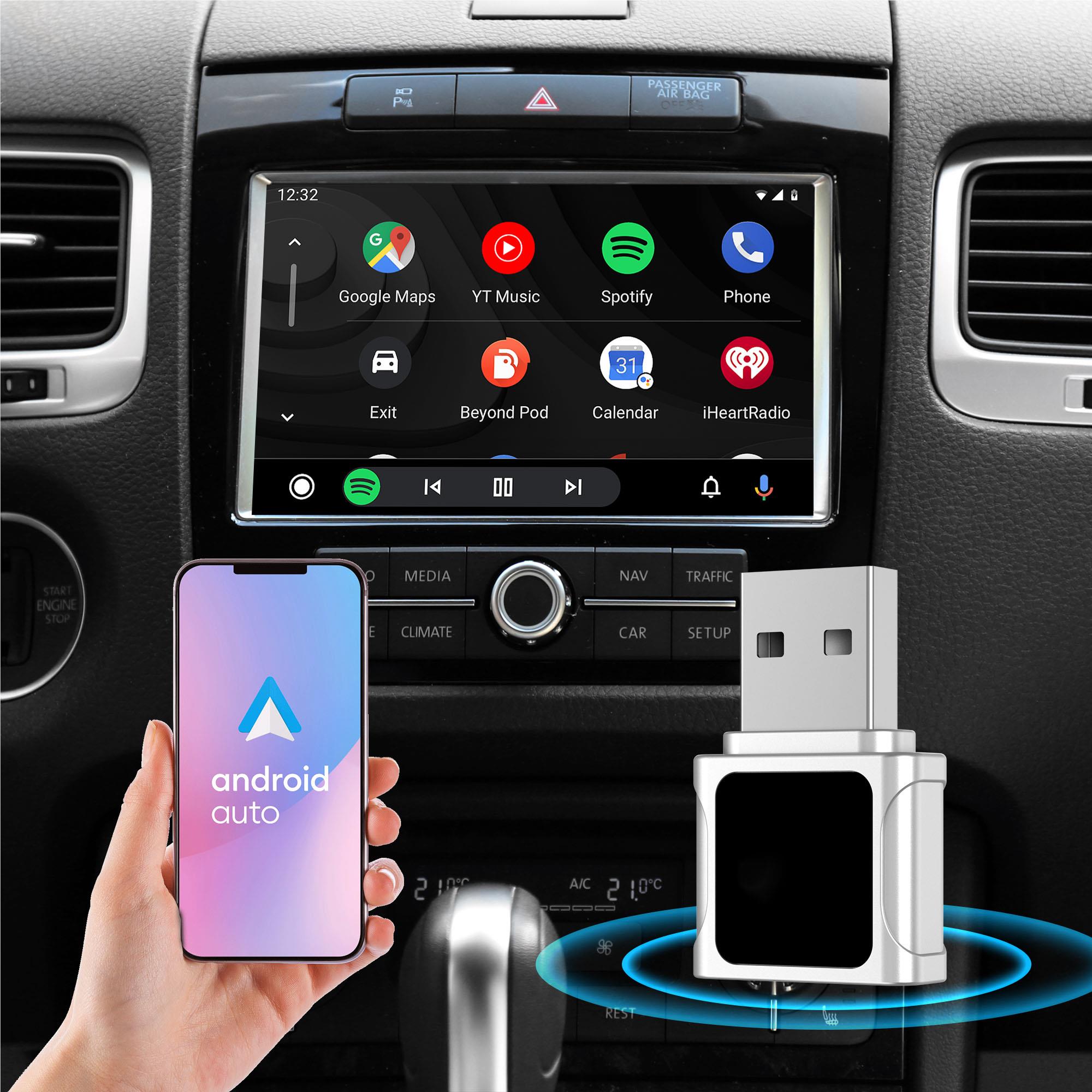 Wireless CarPlay mini dongle in car dashboard with smartphone screen and wireless playback