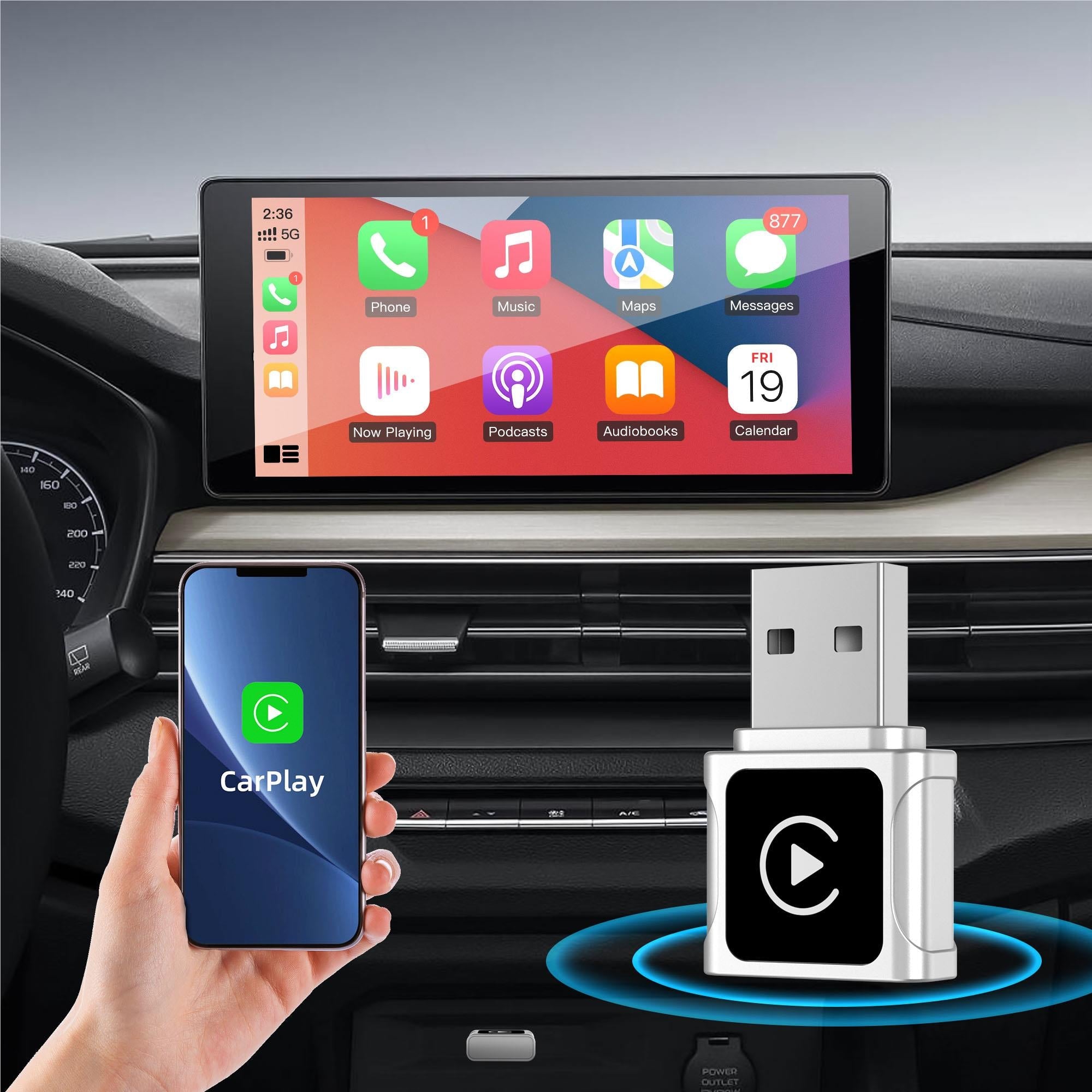 Wireless CarPlay mini dongle on dashboard with phone display and wireless playback icon