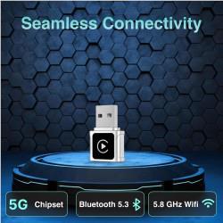 Wireless connectivity graphic with mini dongle on glowing base, 5G and 5.8GHz Wi-Fi icons