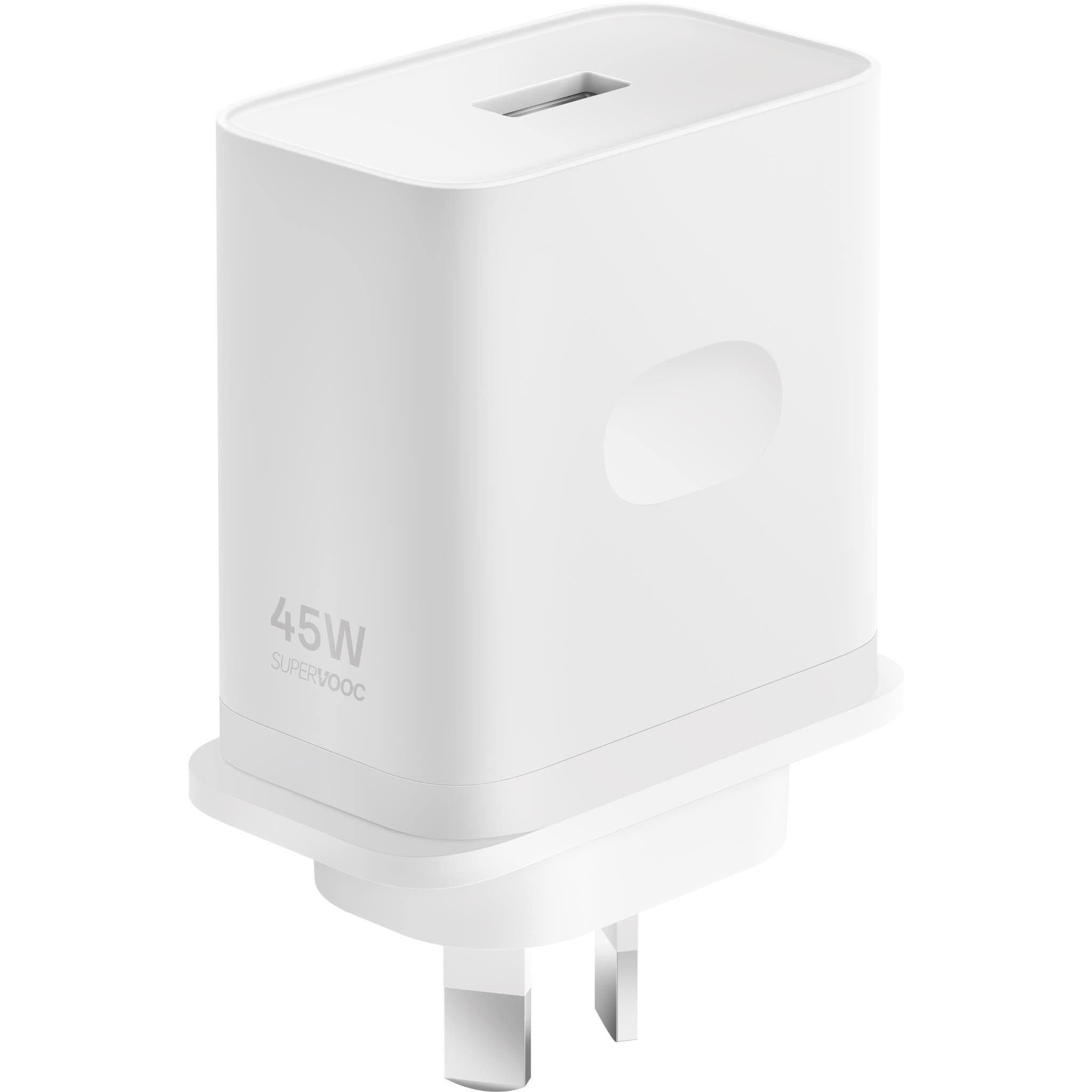 White 45W wall charger with dual-prong plug, marked SuperVOOC
