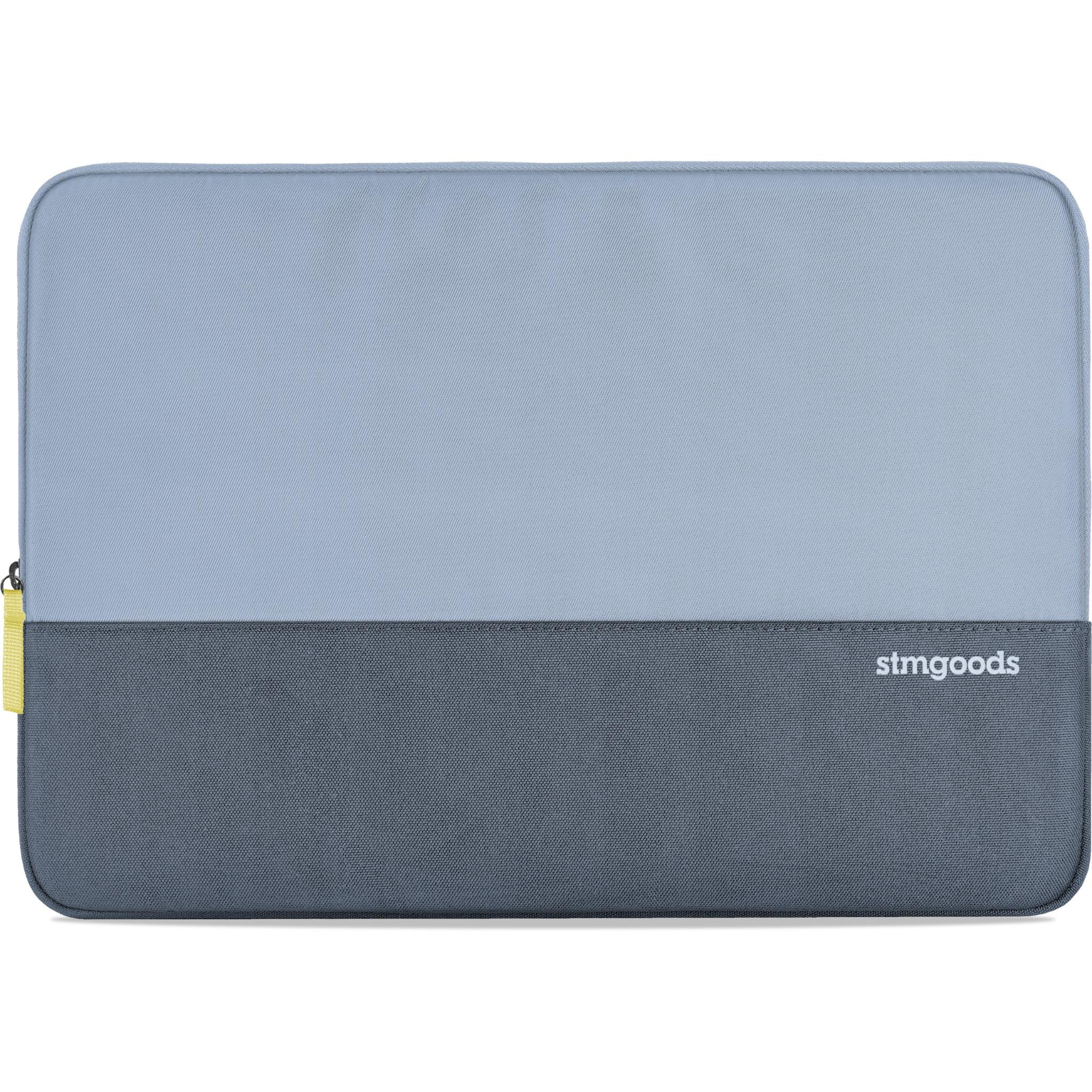 14-inch laptop sleeve, two-tone light blue and dark gray with zip and yellow pull.