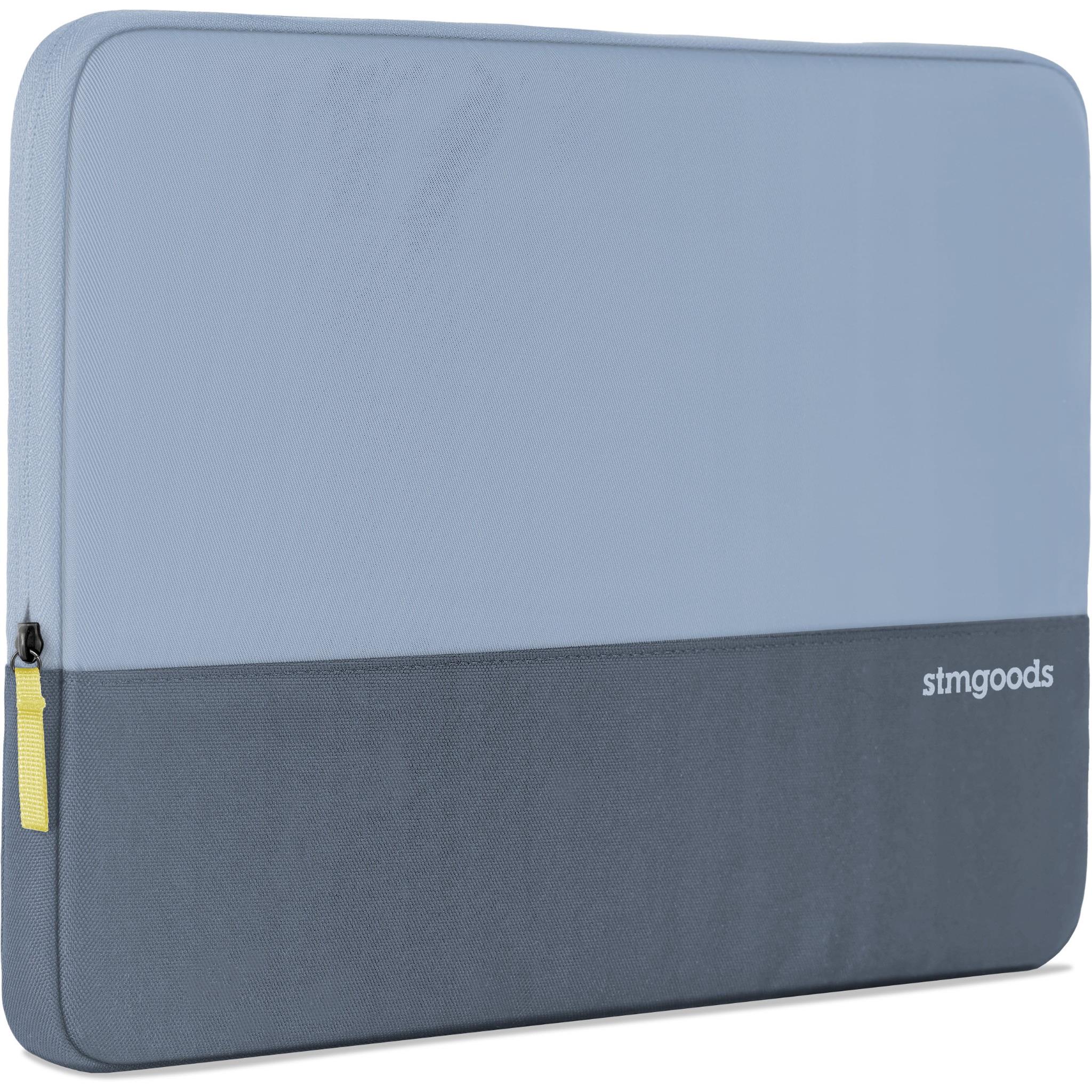 14-inch laptop sleeve with light blue top, dark gray bottom panel, and yellow zip pull.