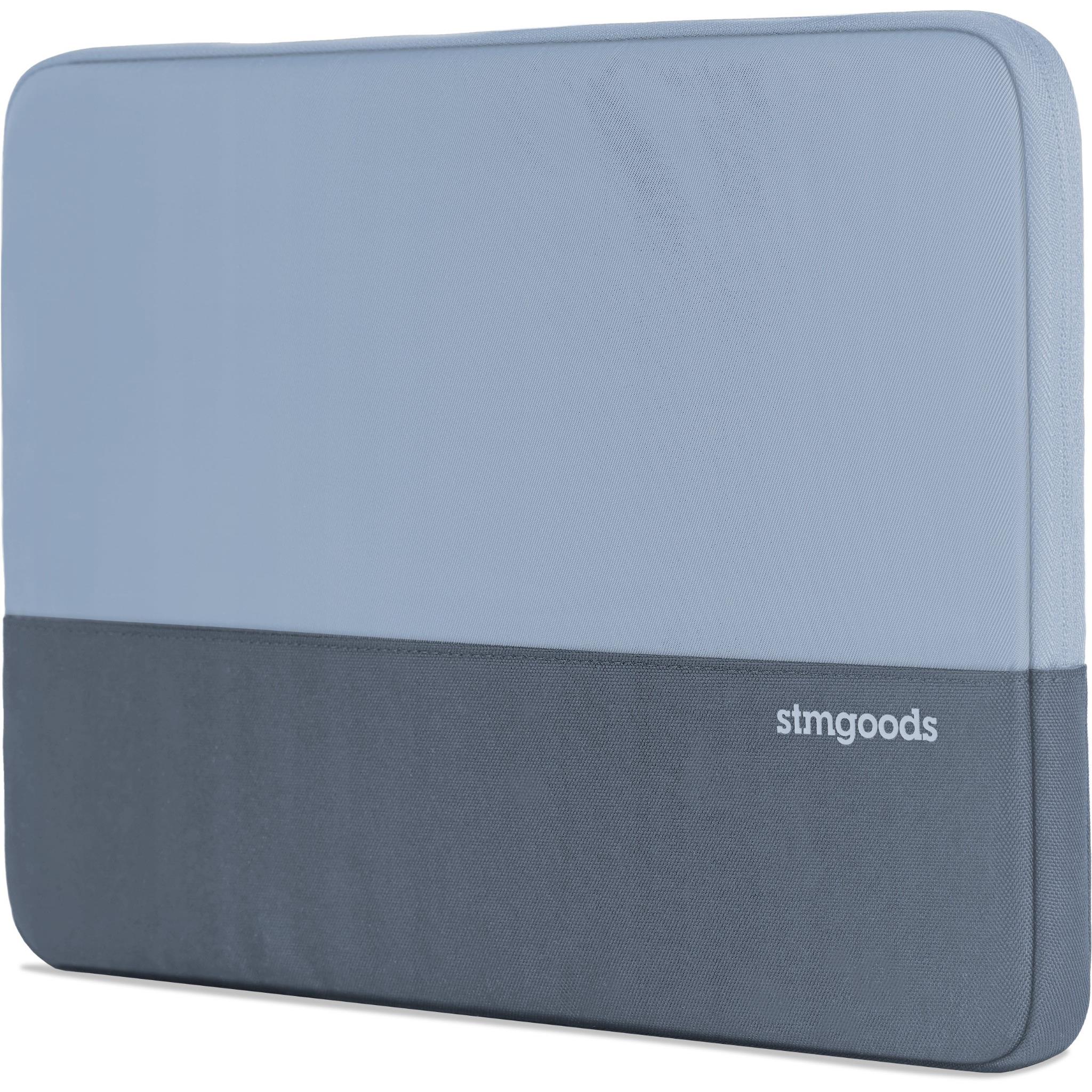 Laptop sleeve with light blue top, dark gray bottom, rounded corners, stmgoods logo.