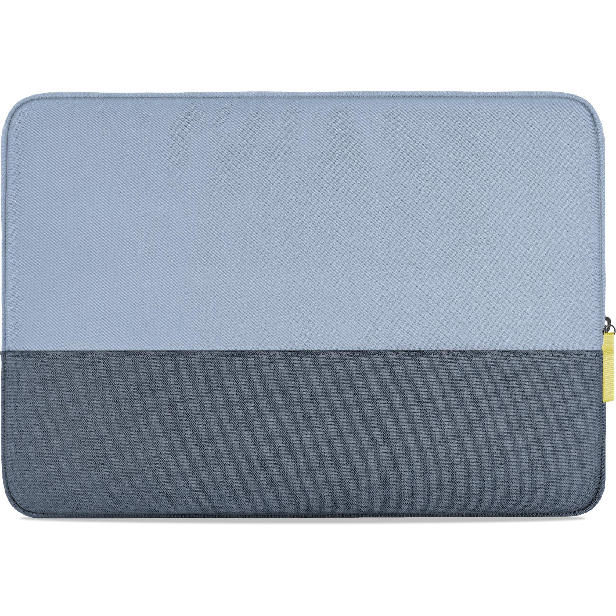 Laptop sleeve with light blue top panel and dark gray bottom band, side zipper track.