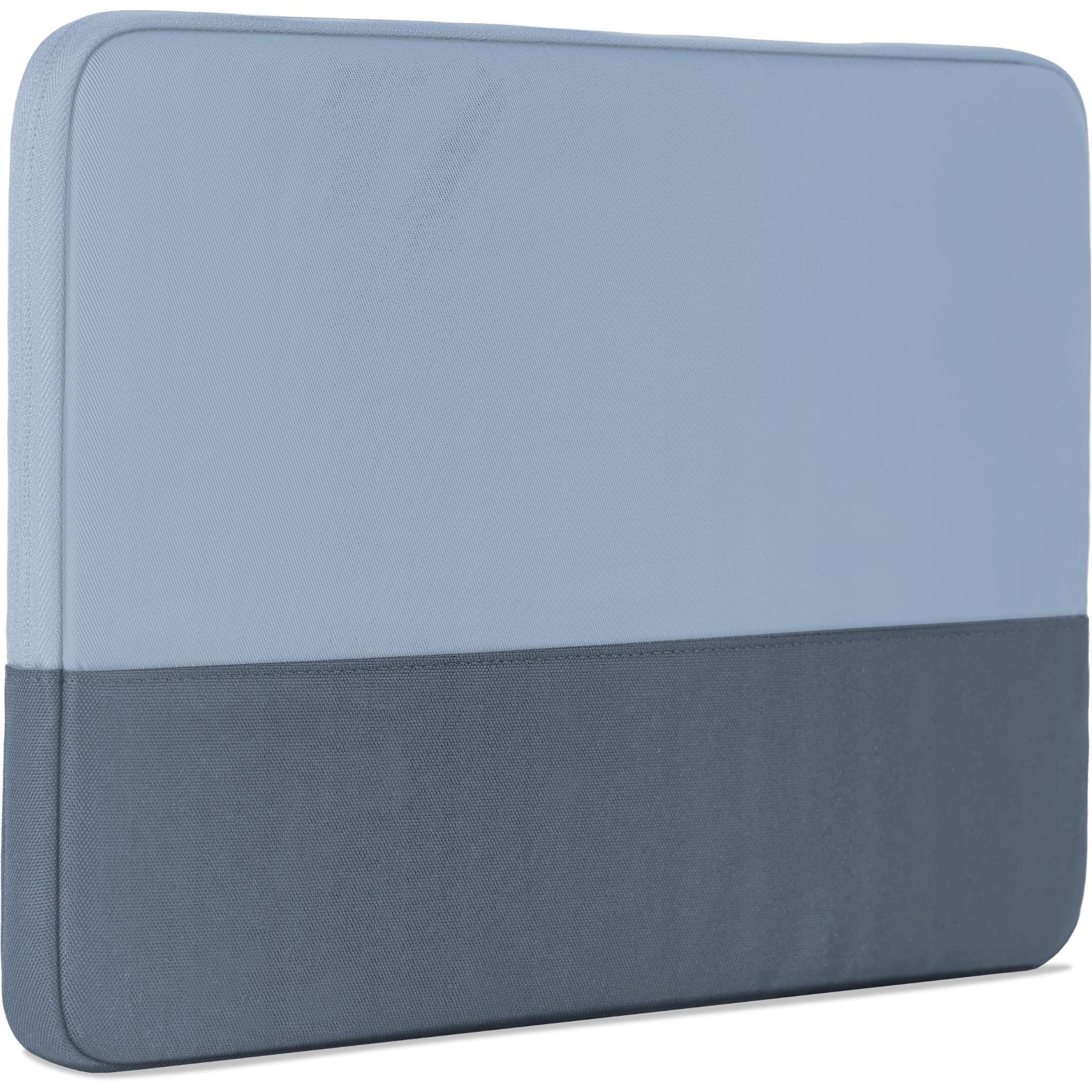 Laptop sleeve front with light blue upper and dark gray lower panel, rounded edges.