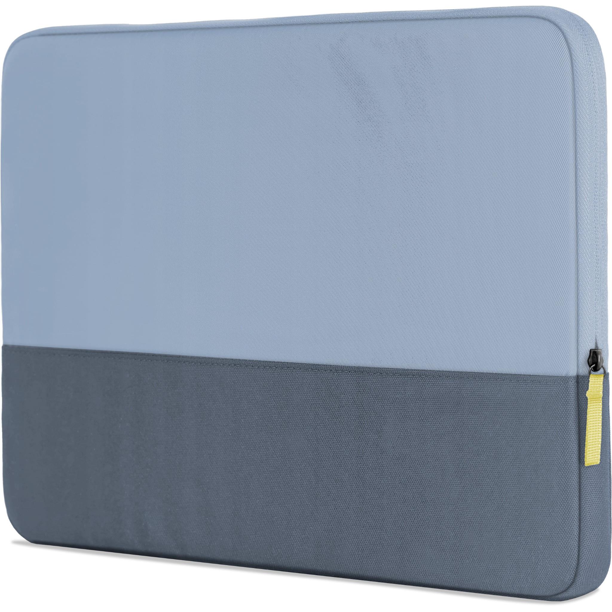 Laptop sleeve with light blue top, dark gray bottom, yellow zipper pull on side seam.