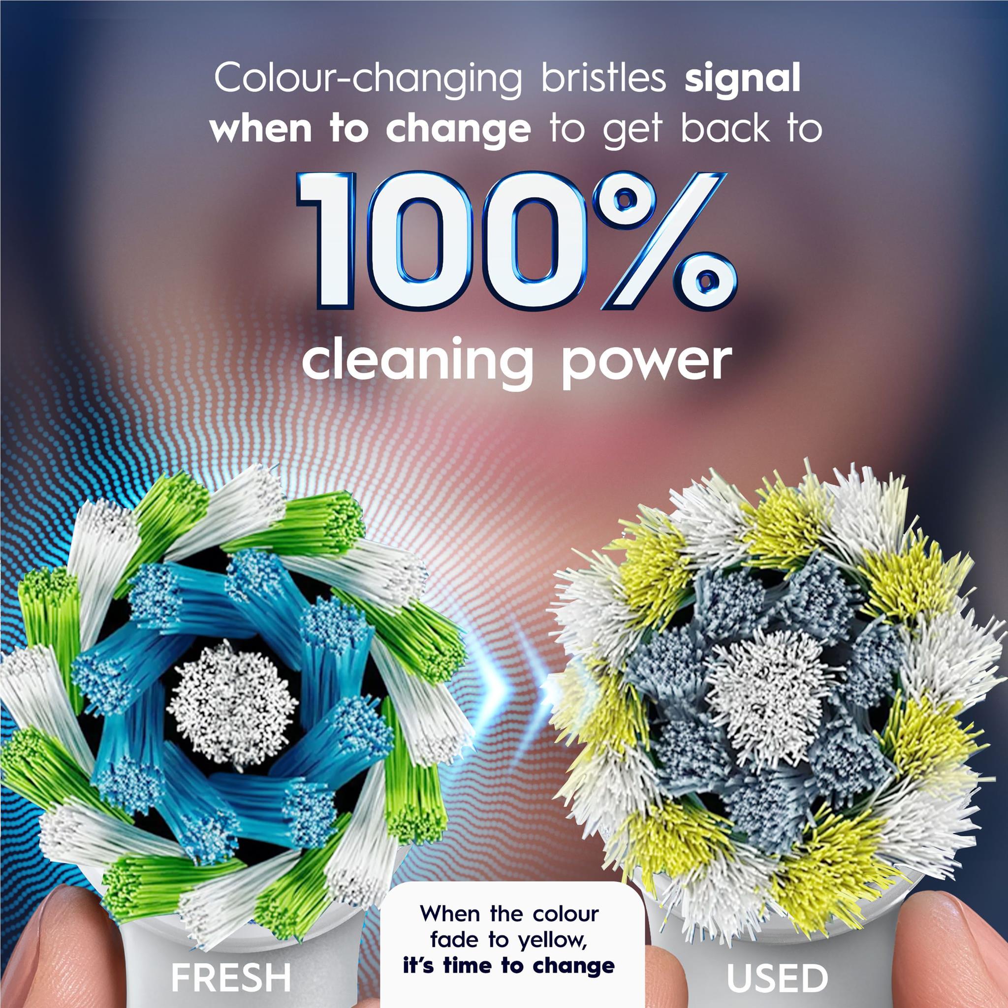 Color-changing toothbrush bristles on a replacement brush head, fresh vs used look