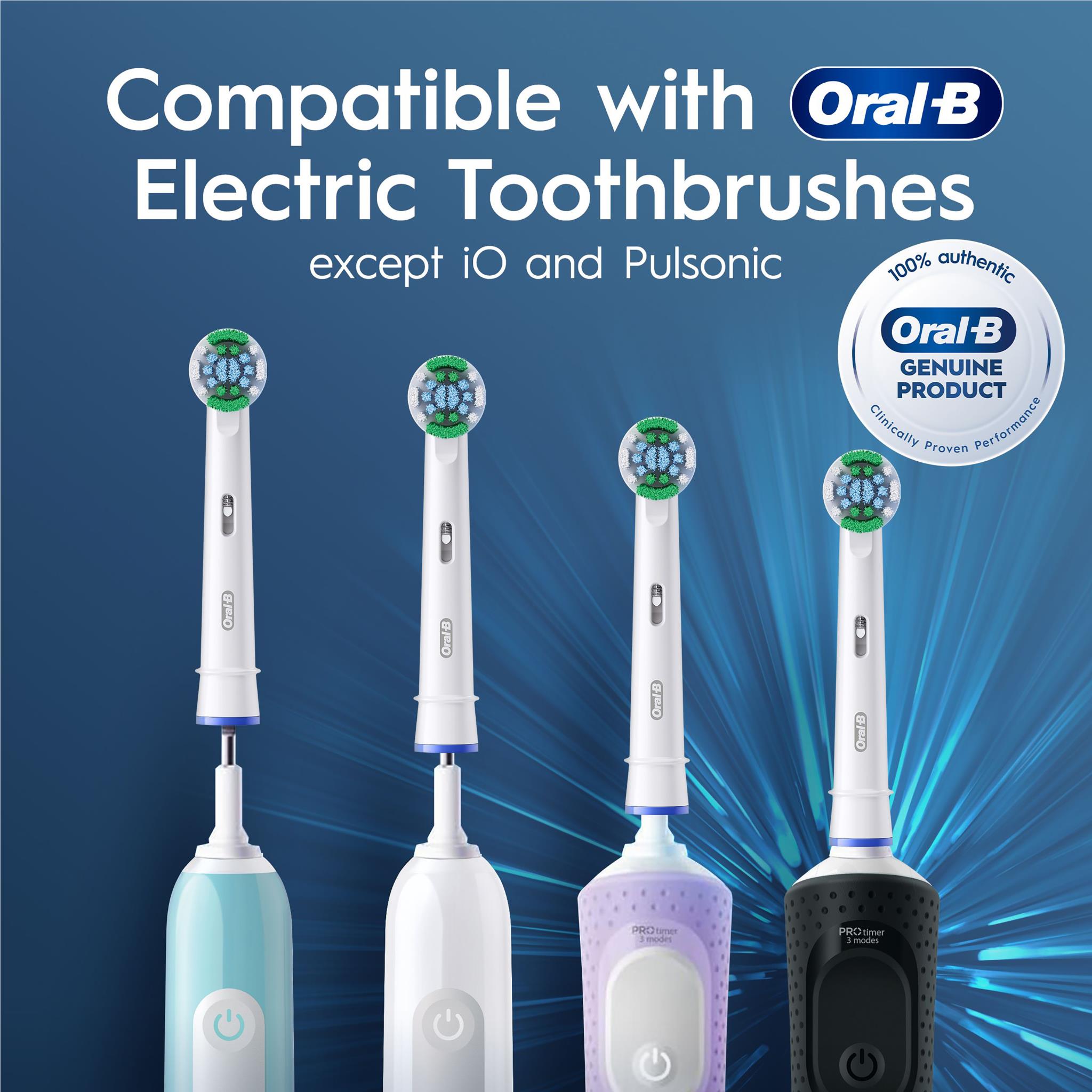 Four Oral-B replacement brush heads for electric toothbrushes, with round bristle tips