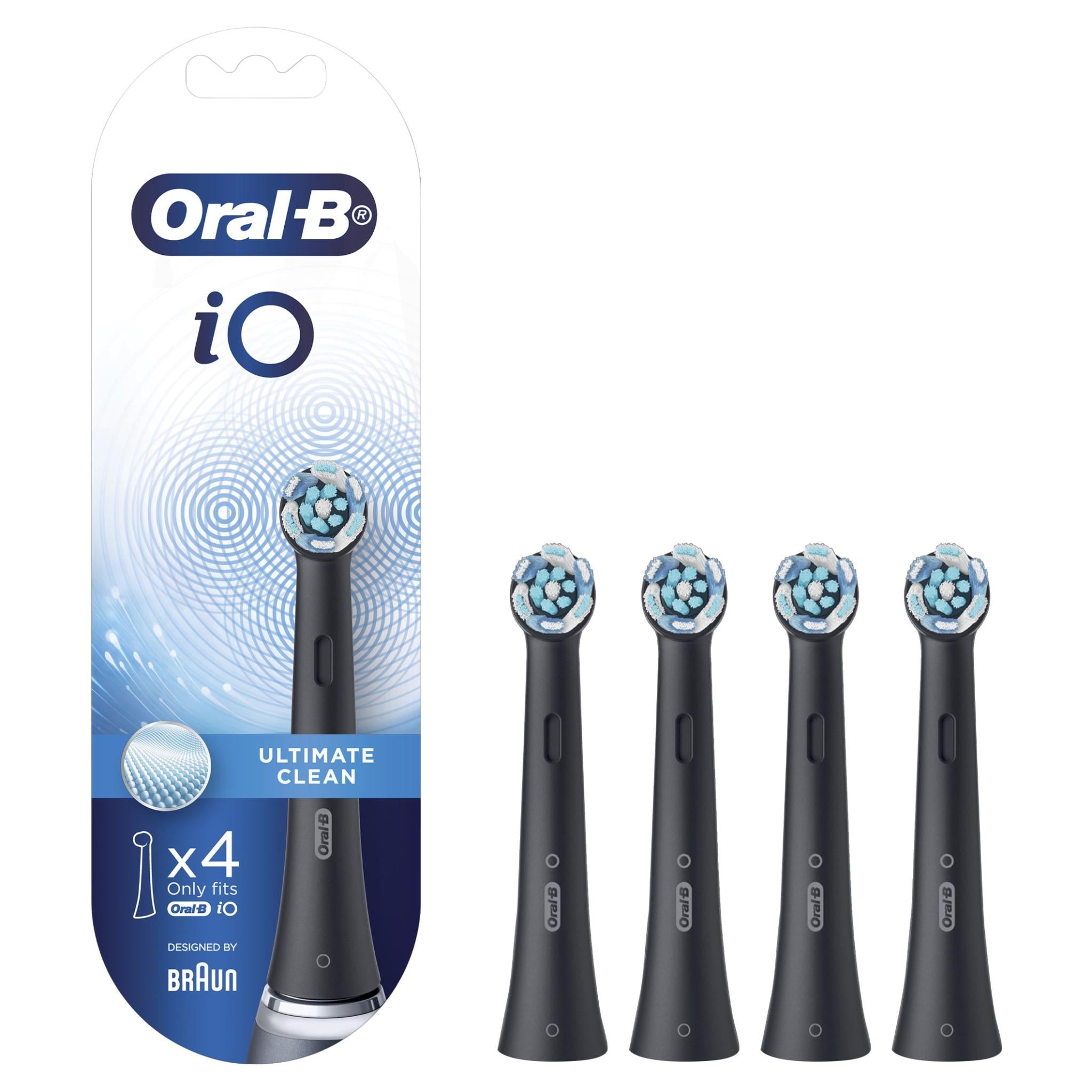 Oral-B iO Ultimate Clean replacement brush heads, black, 4-pack.