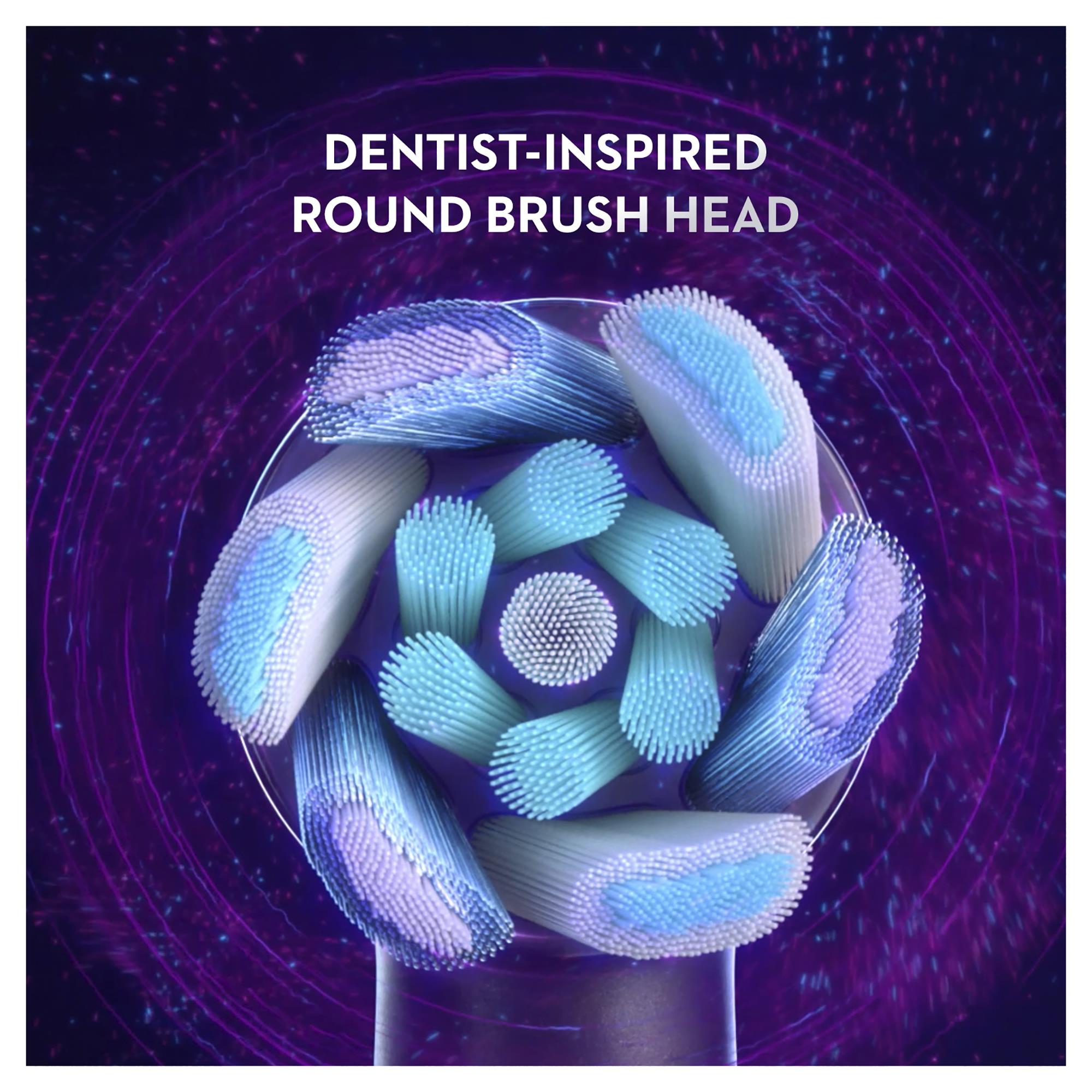 Dentist-inspired round replacement brush heads with dense blue bristle tips.
