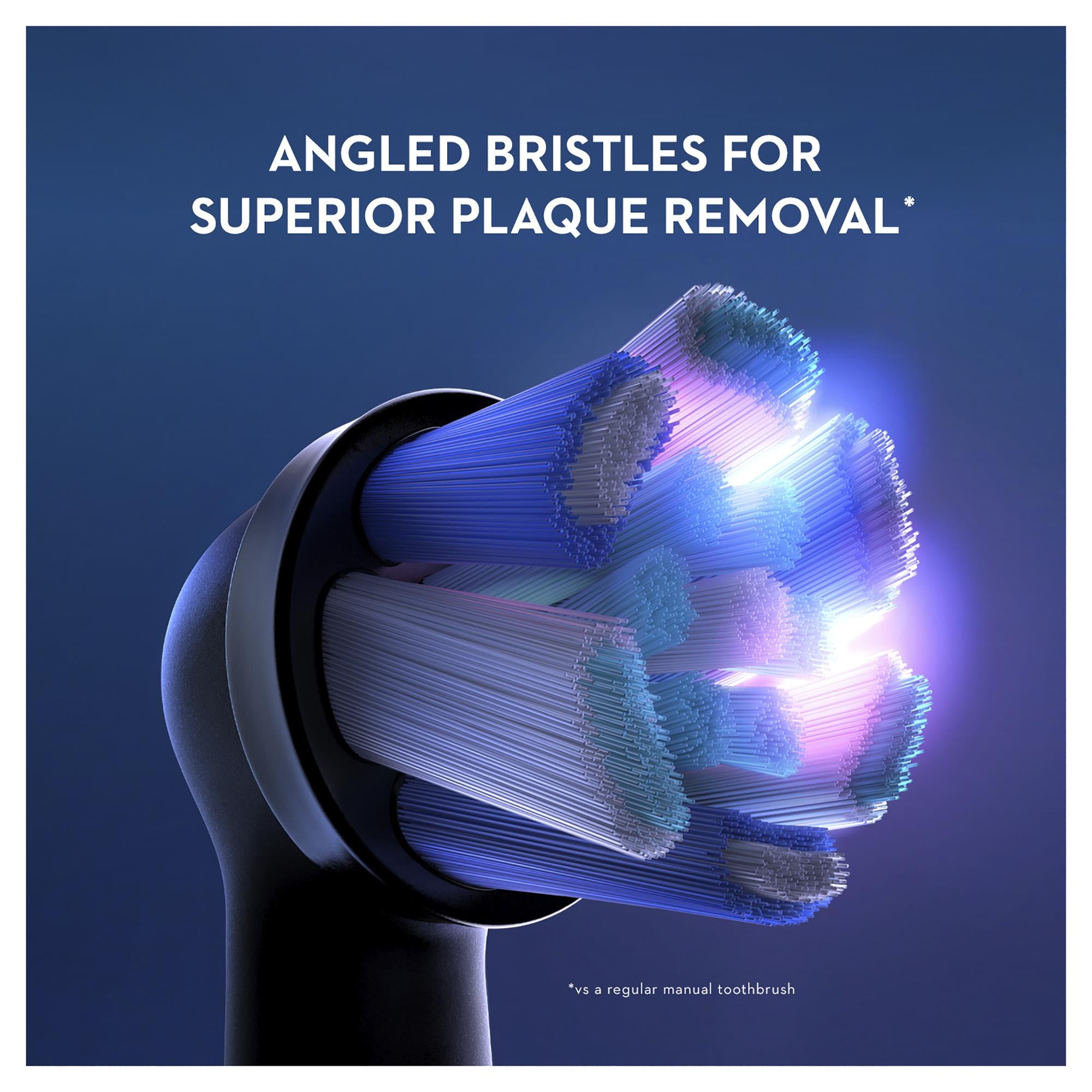 Angled replacement brush head with blue bristles on a black base.