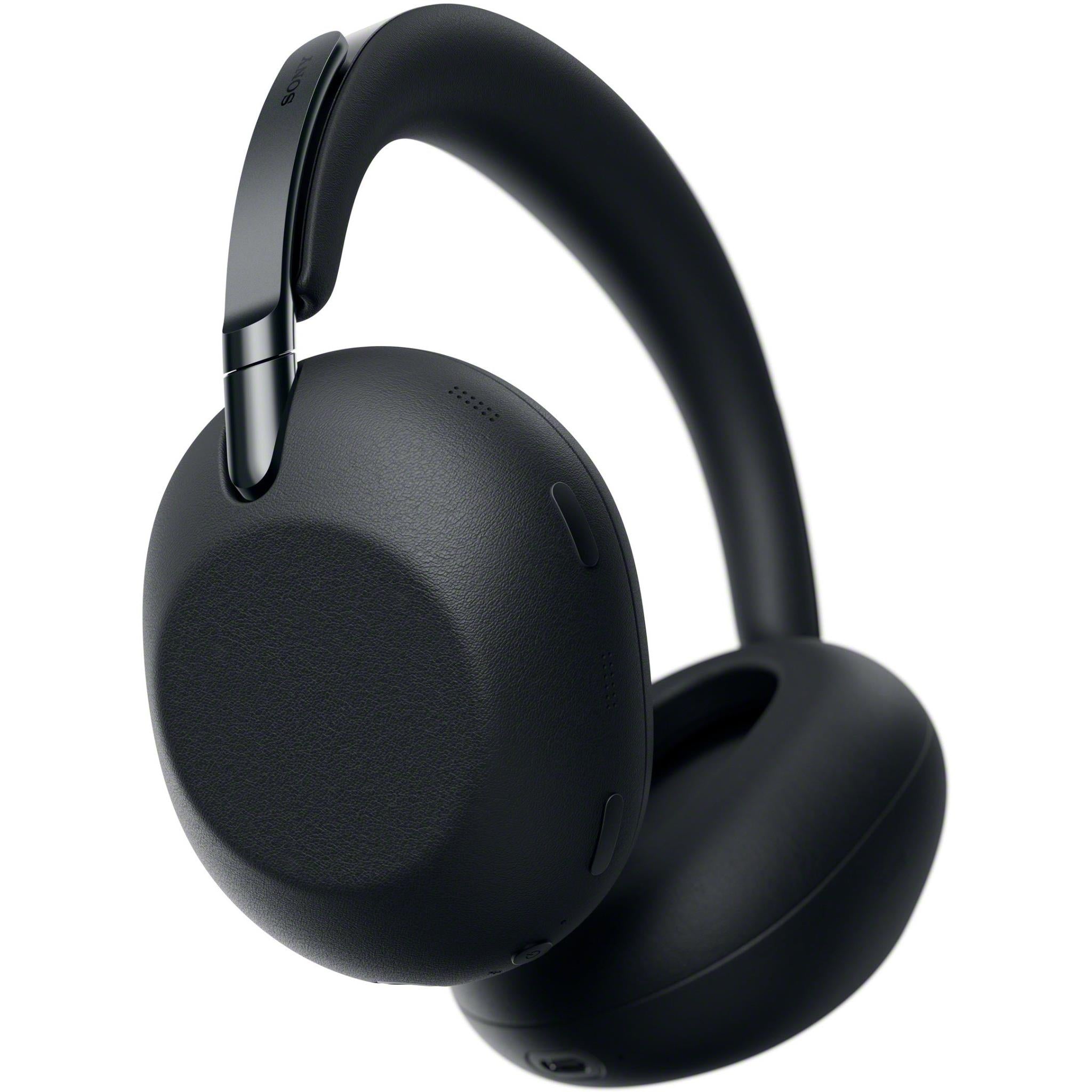 Black over-ear headphones side view with padded ear cup and metal hinge