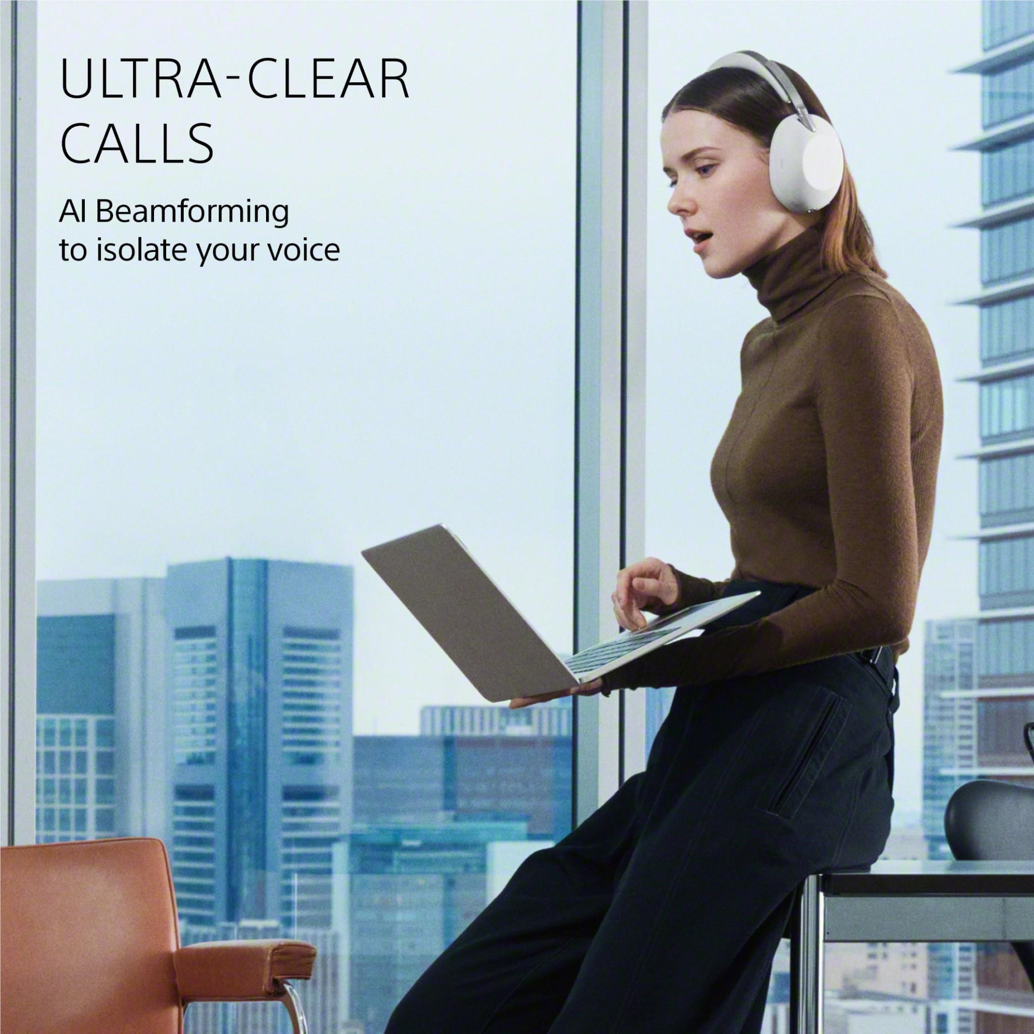 Black and white over-ear noise cancelling headphones, side view on head