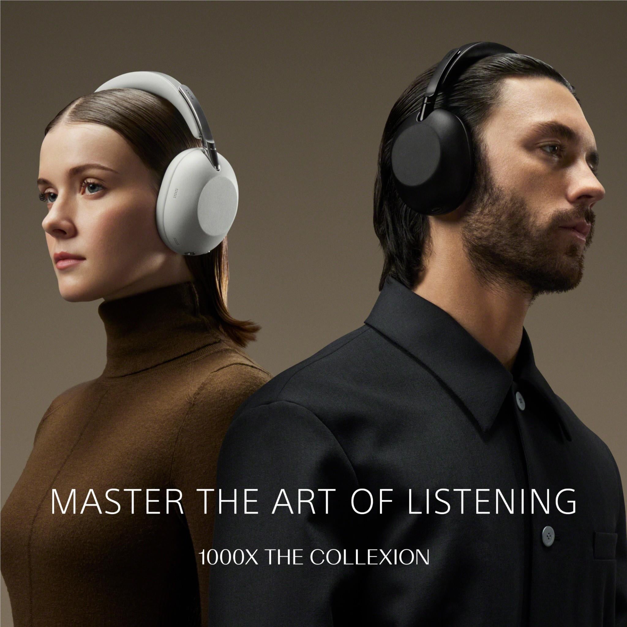 Black and white over-ear noise cancelling headphones, worn by two people