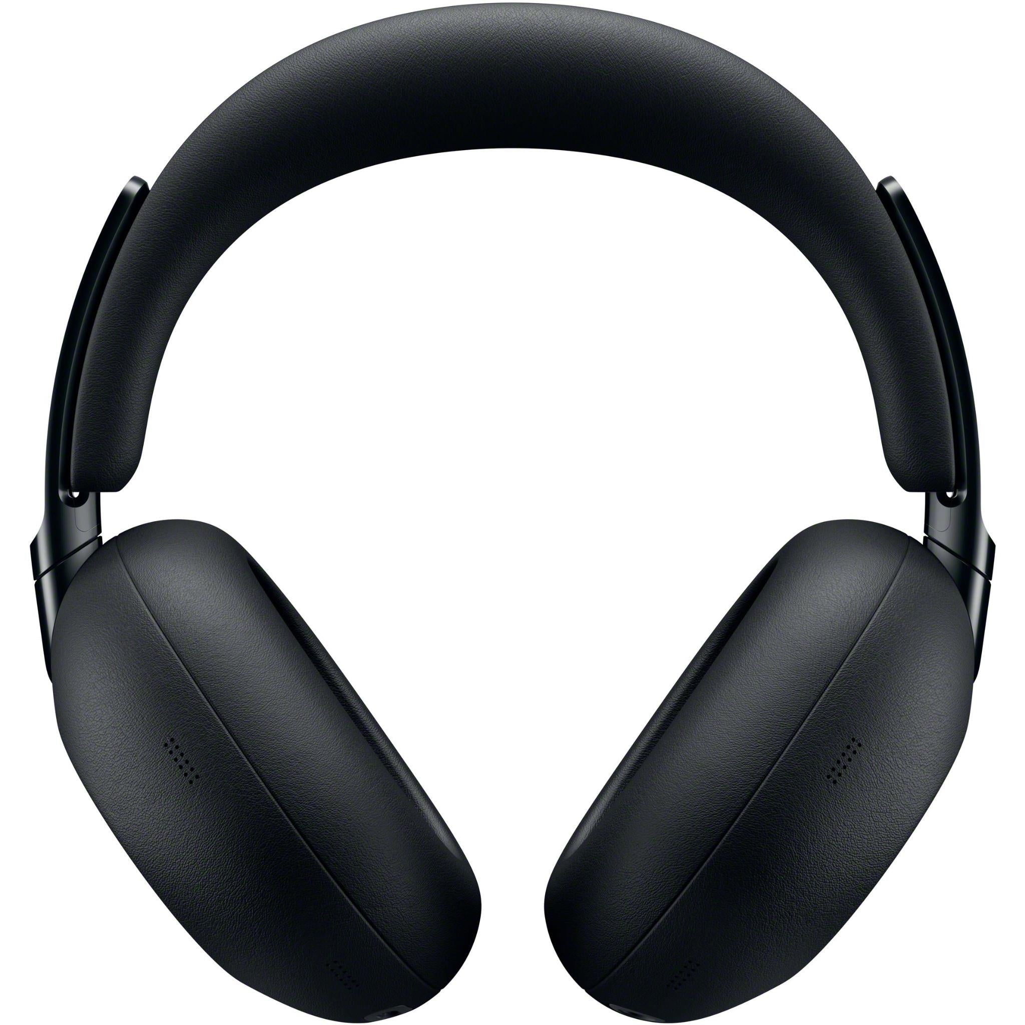 Black over-ear headphones front view with two padded ear cups and curved headband
