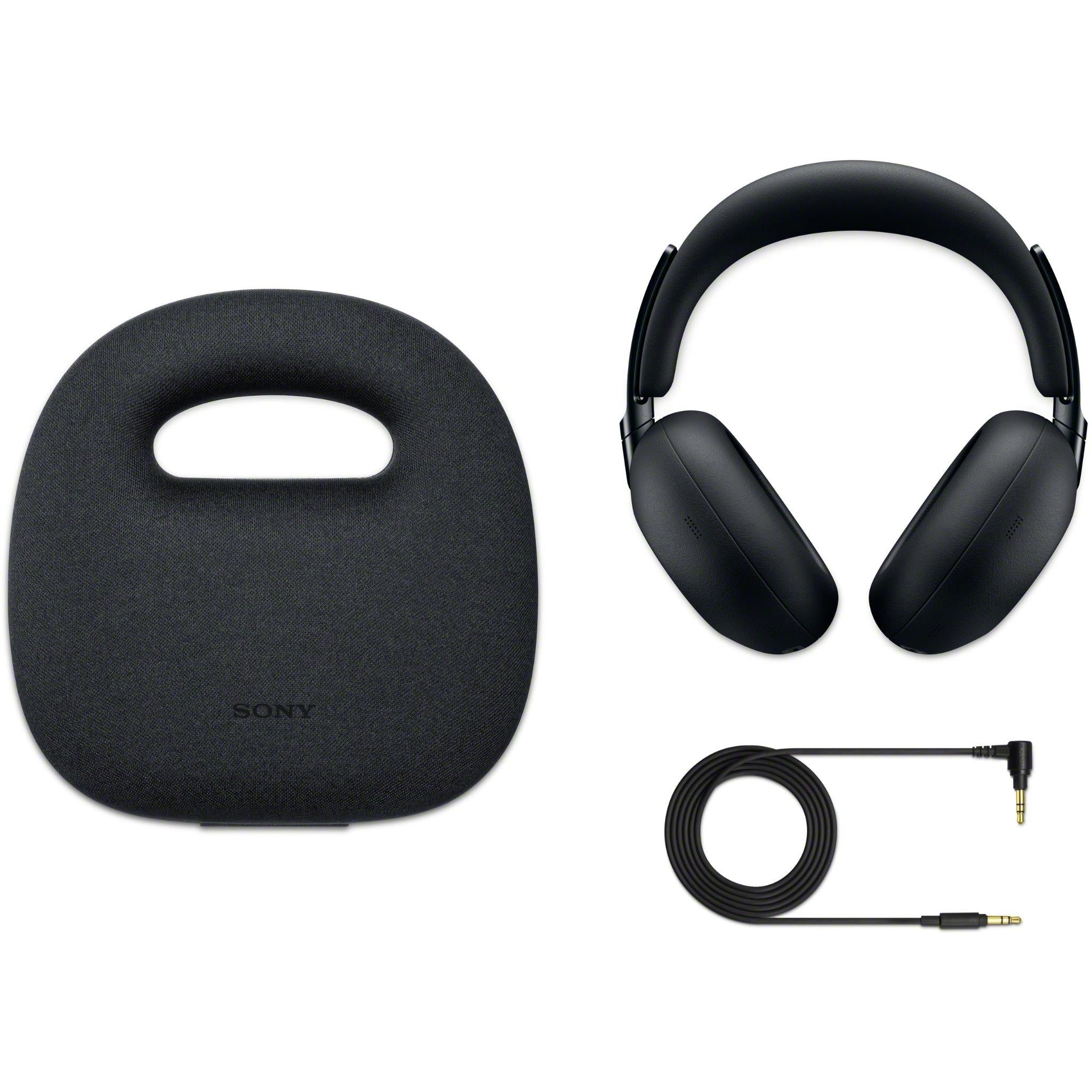 Black over-ear headphones set with carrying case and detachable audio cable