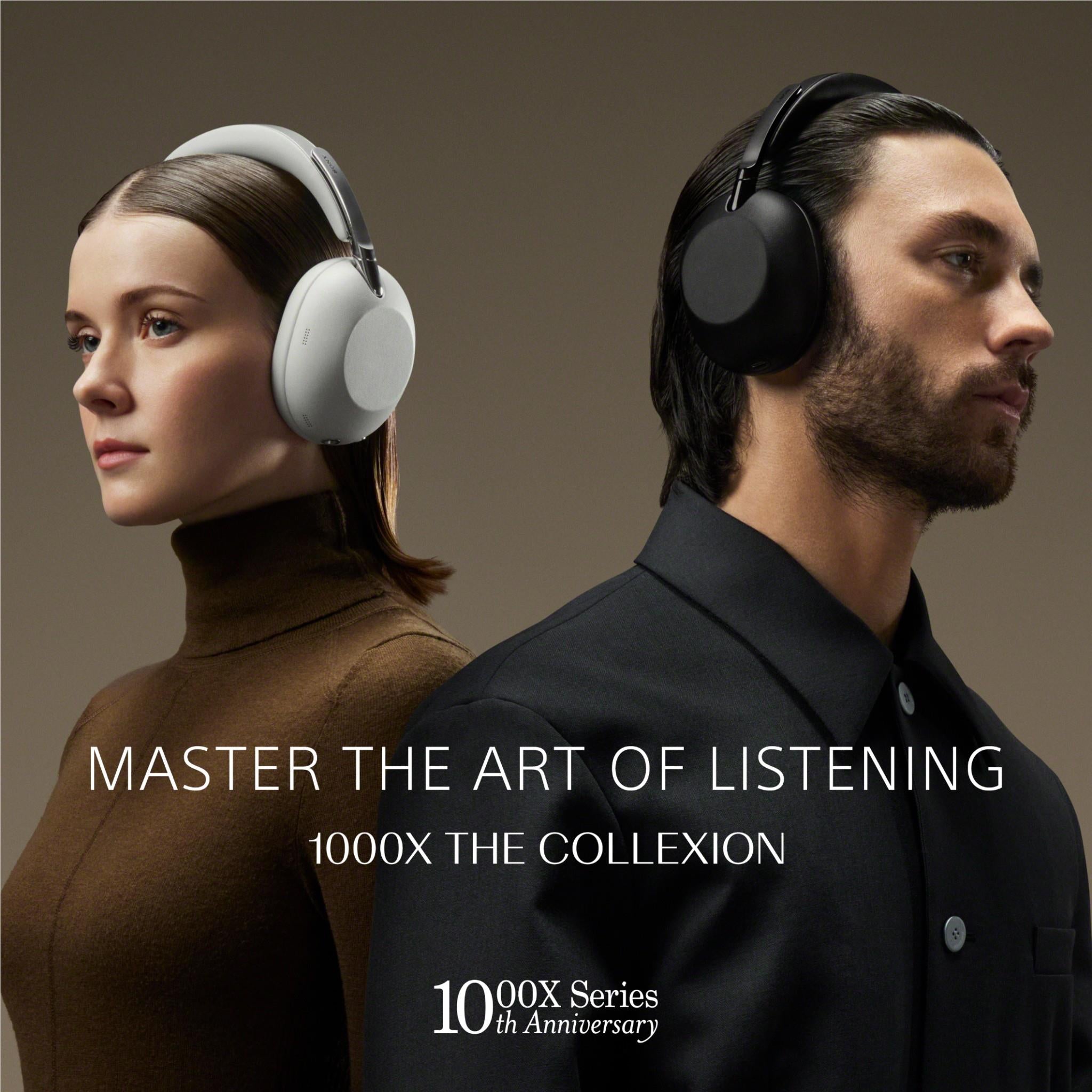 Black and white over-ear headphones worn by two people