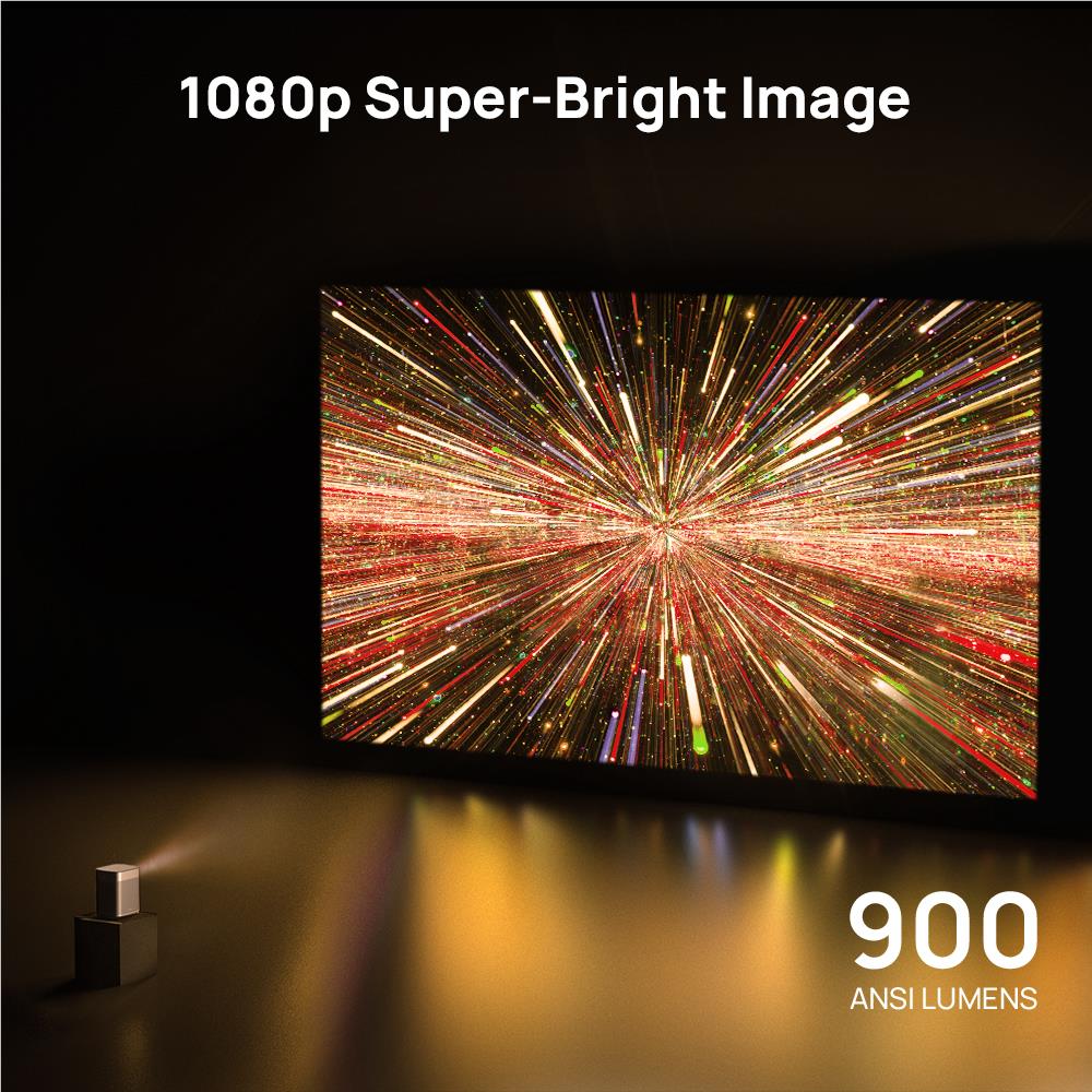 Portable Full HD projector displaying a colorful light image