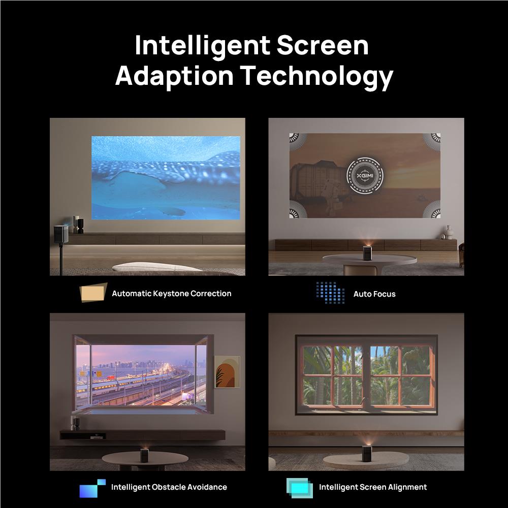 Projector screen adaptation technology graphic with four display examples