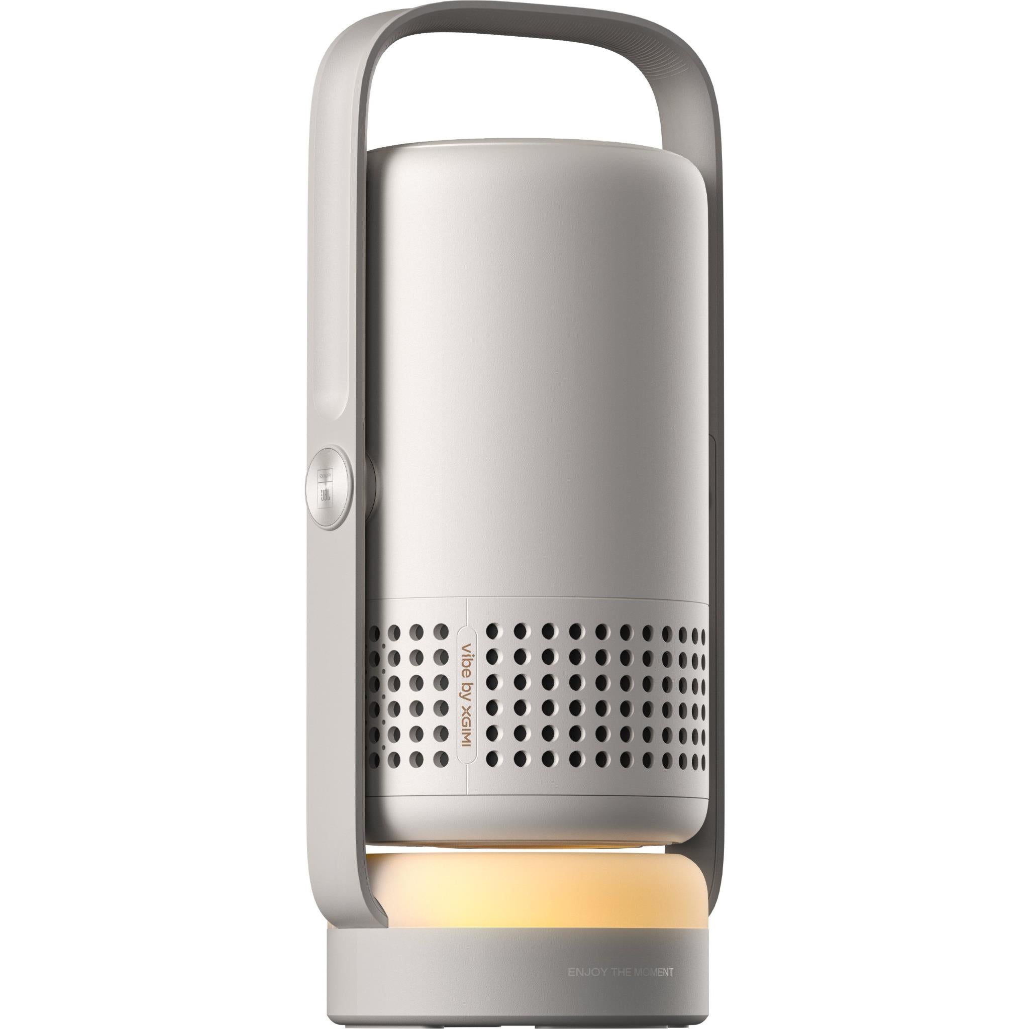 Portable projector rear view with tall speaker grille, handle frame, and light gray/white body.