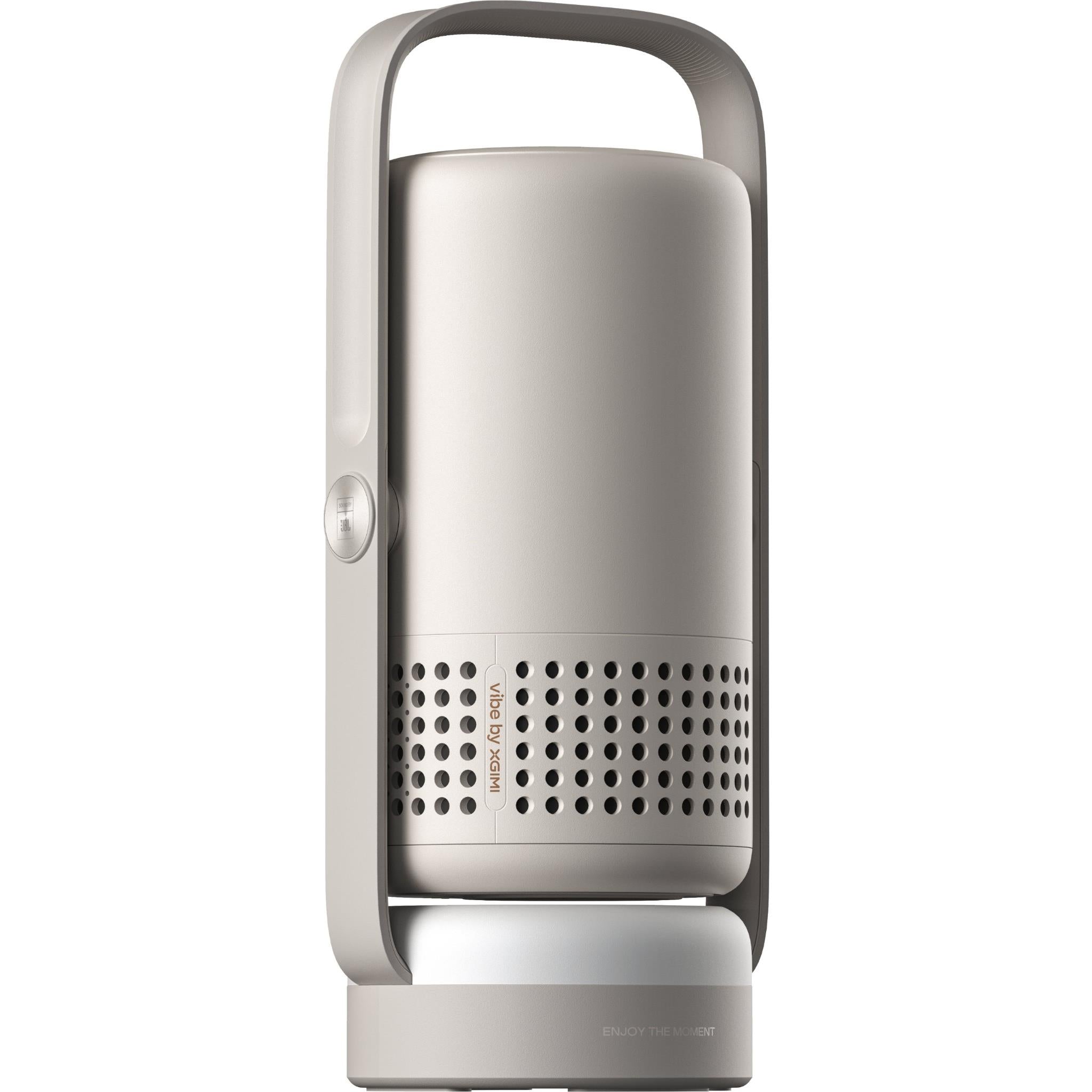 Portable projector back panel with speaker grille and front bottom base; light gray/white.