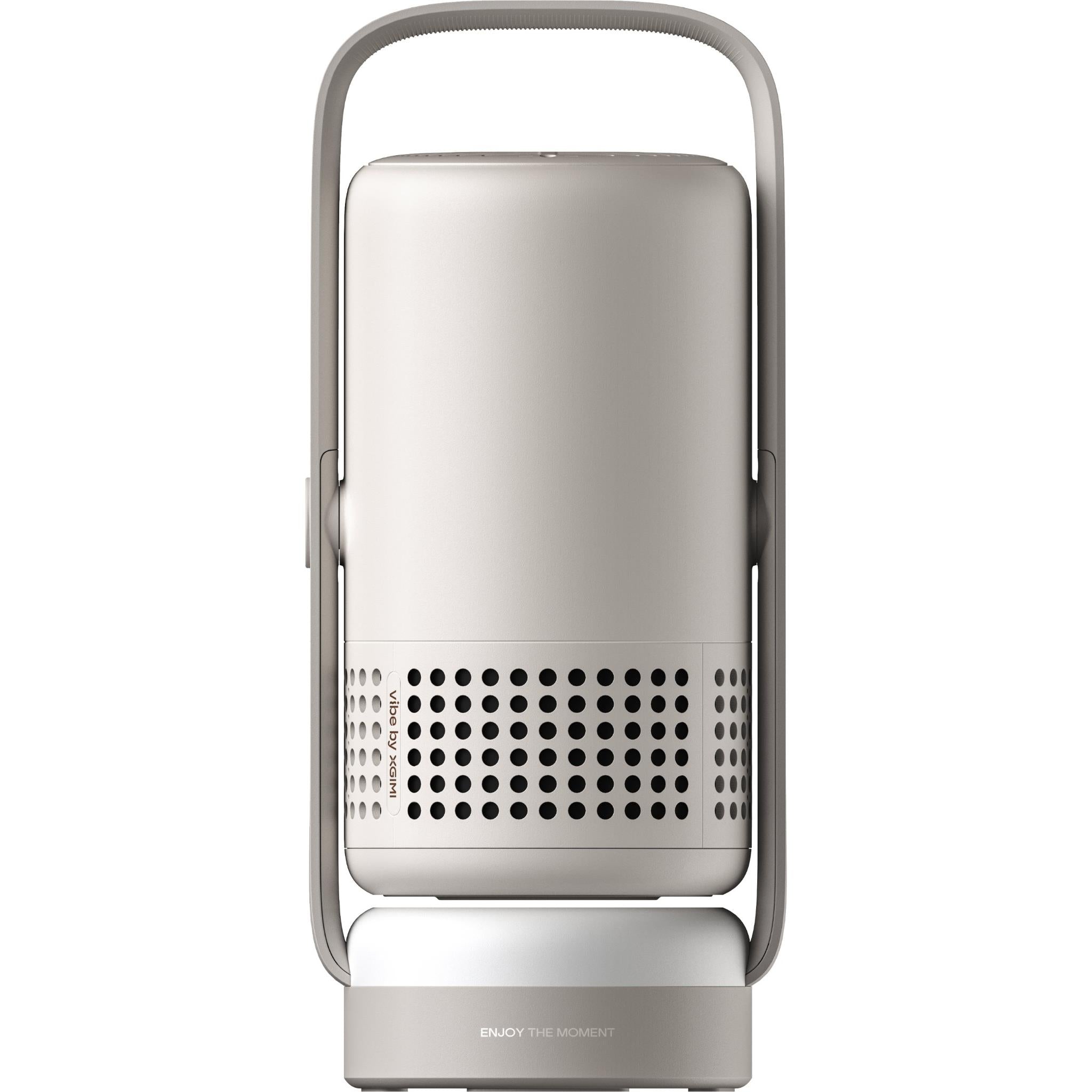 Portable projector front with speaker grille and top cover, carrying handle; light gray/white.