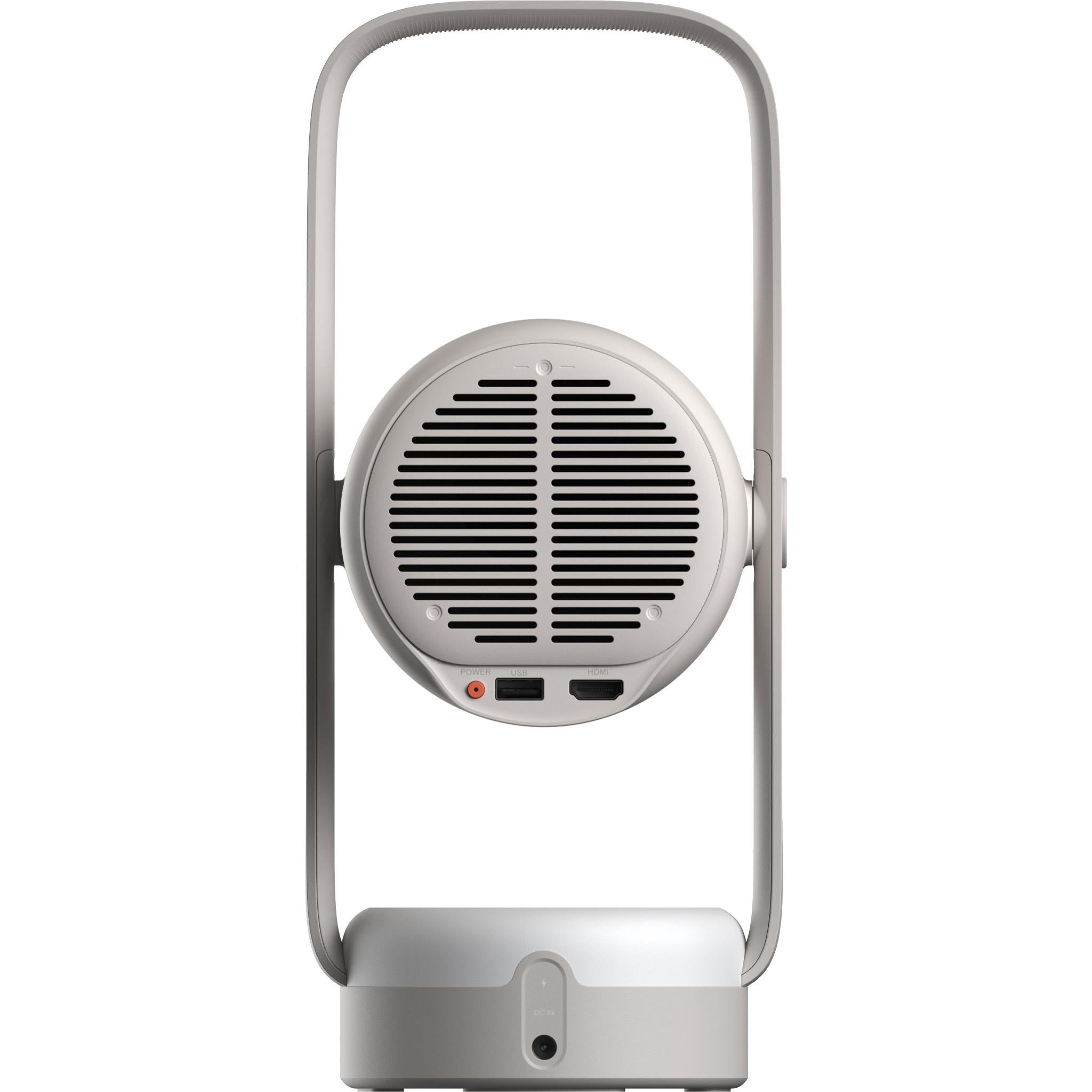 Portable projector with circular speaker grille and compact base; light gray/white, handled design.