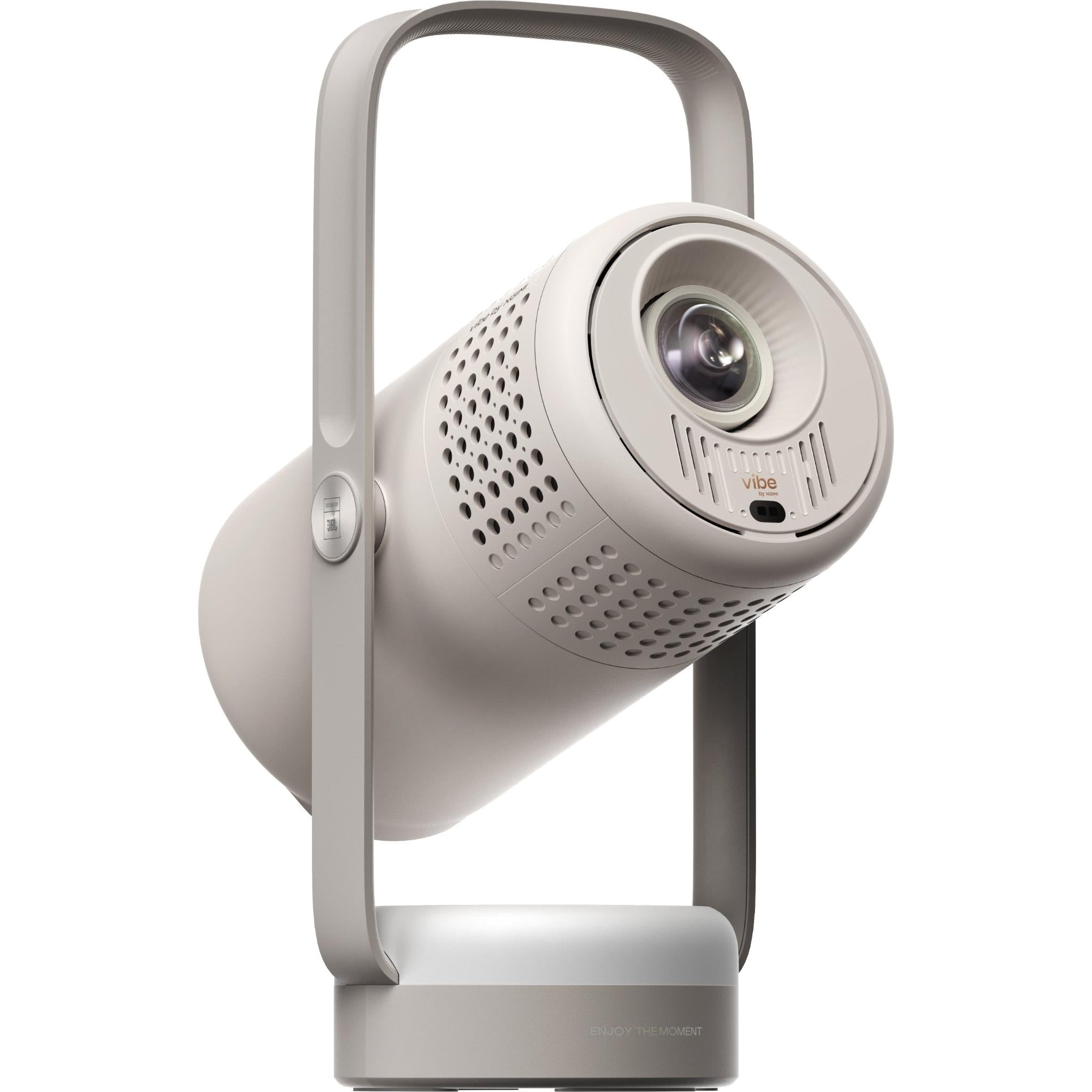 Portable projector angled view with lens module and side controls; light gray/white body.