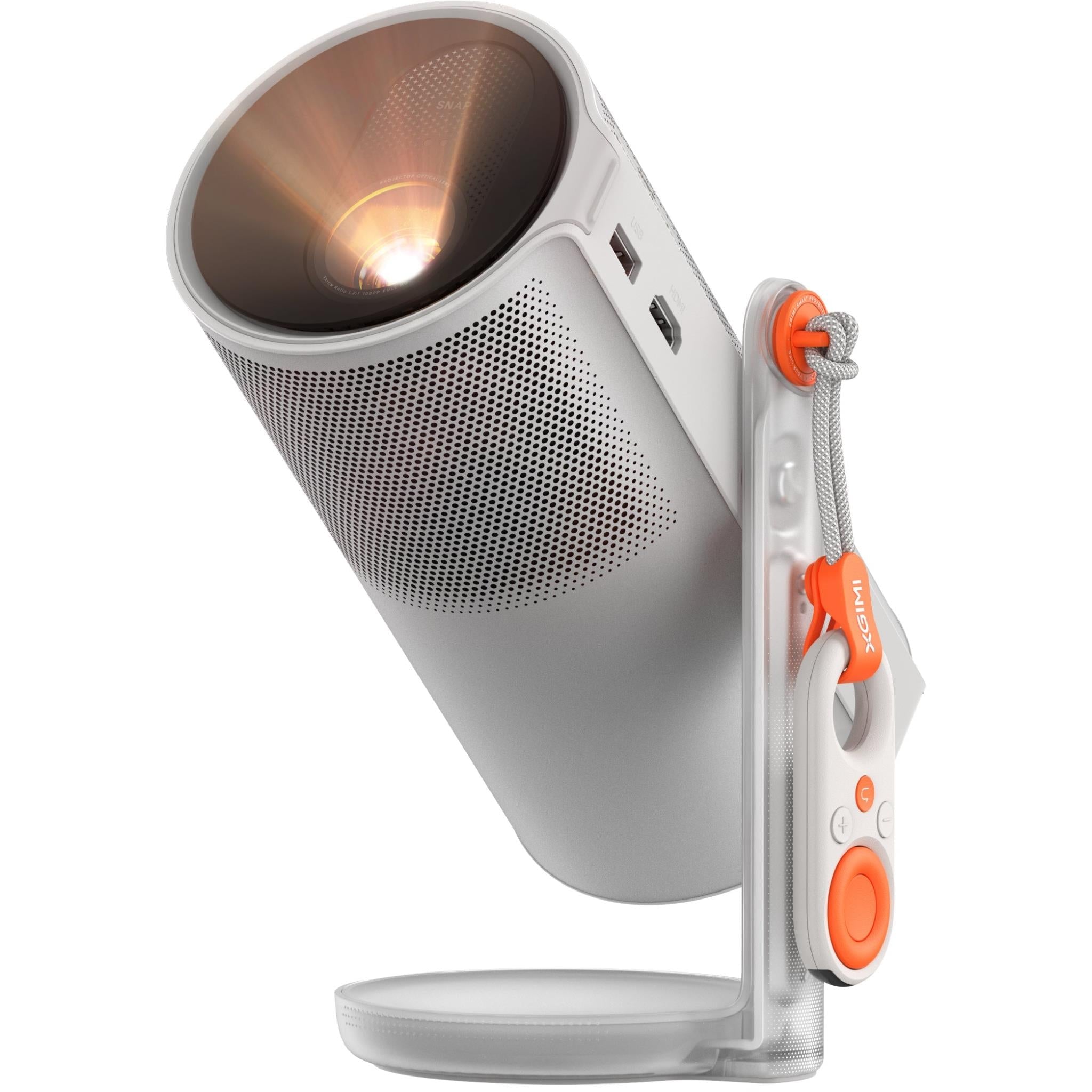 Portable mini projector in light gray with orange power button and side ports