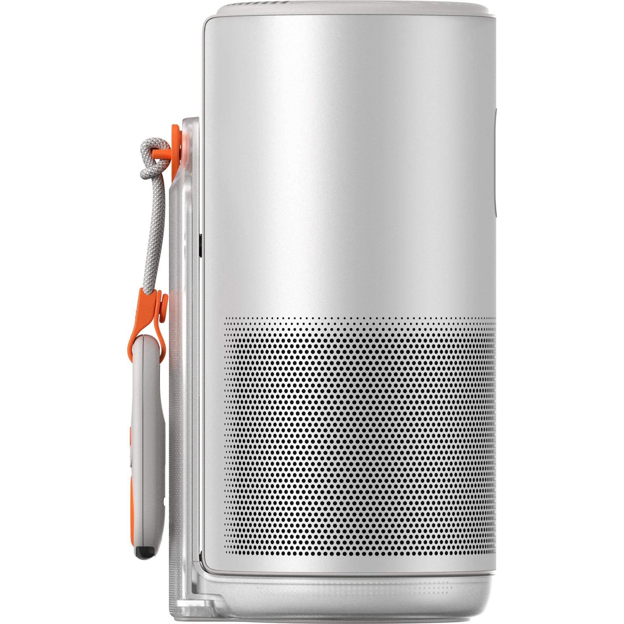 Light gray portable projector showing rear grille and side connection port