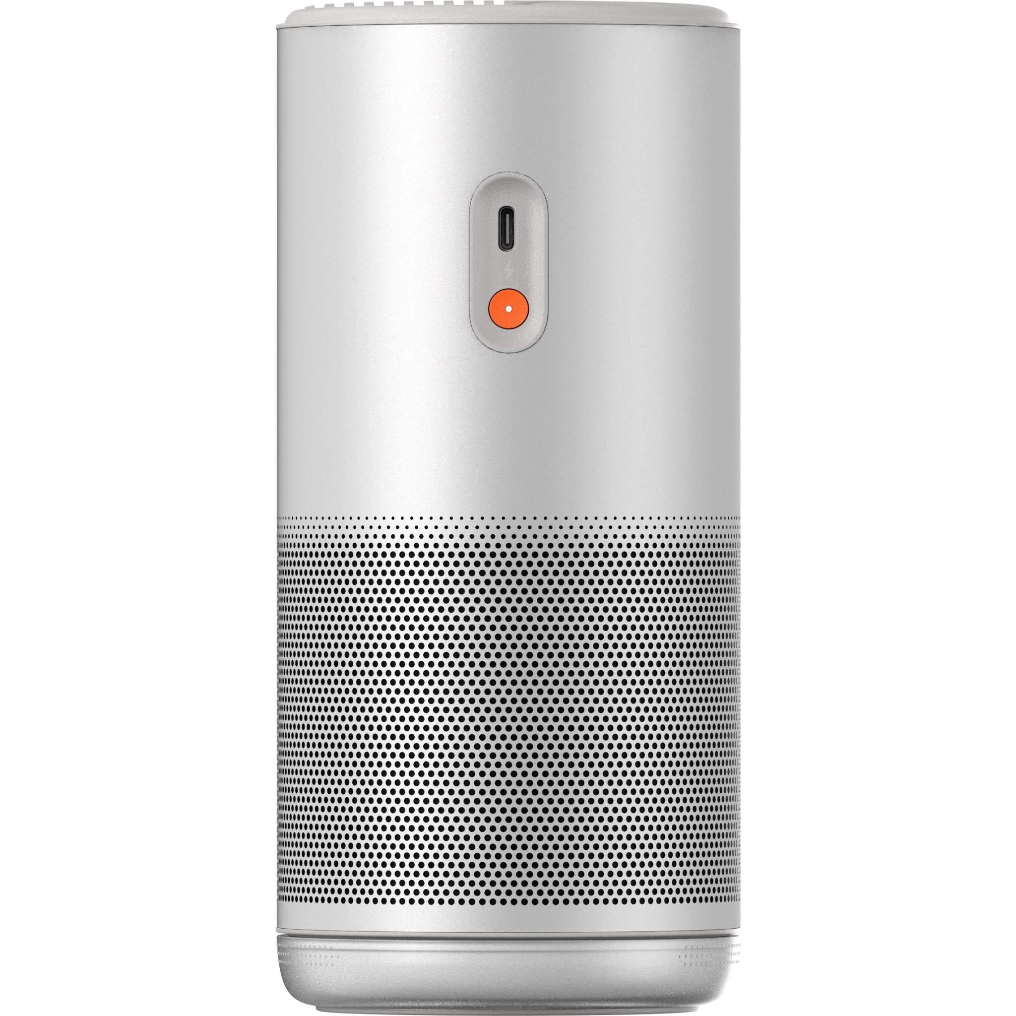 Light gray mini projector with rear control area and speaker grille