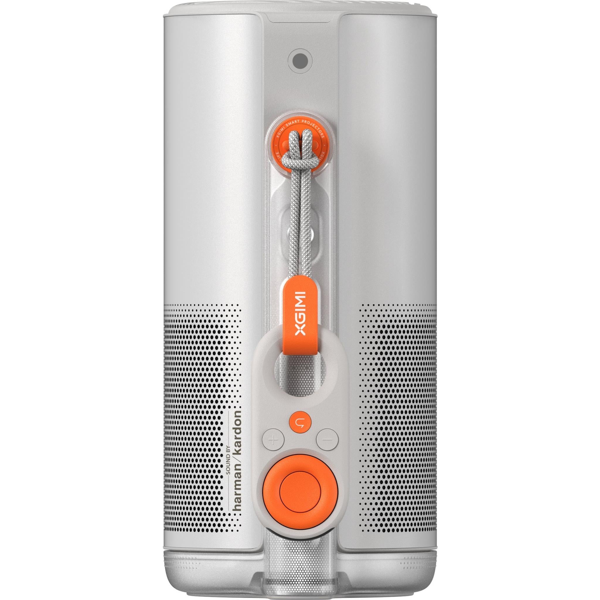 Light gray projector with orange cord strap and rear button controls