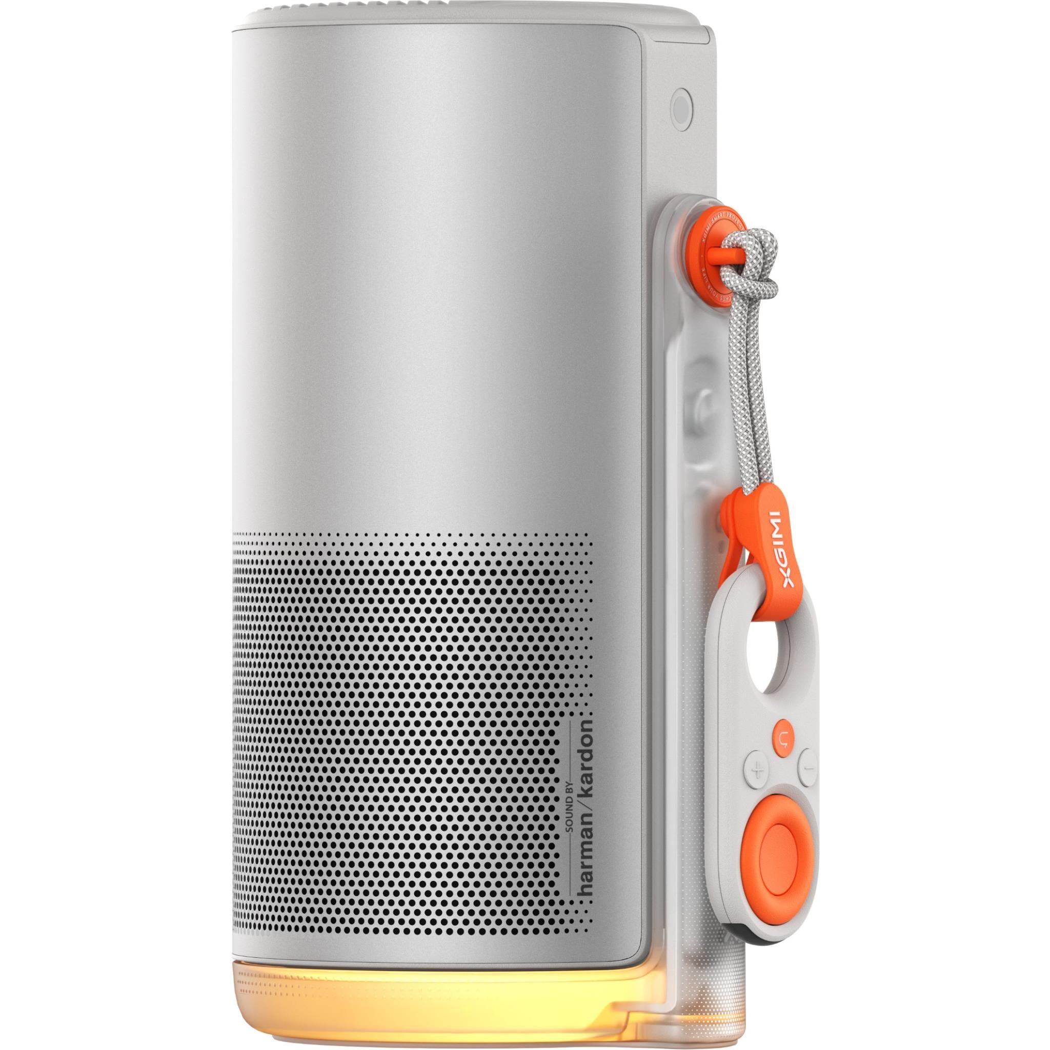 Light gray projector with orange strap handle and side control panel