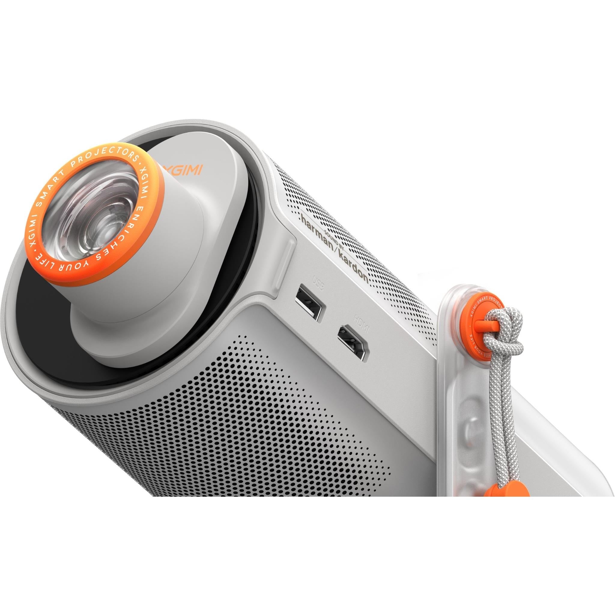 Angle view of light gray projector with orange knob and lens housing