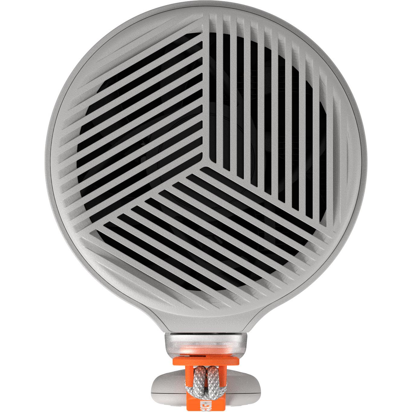 Vented projector front with black grille lines and orange base mount