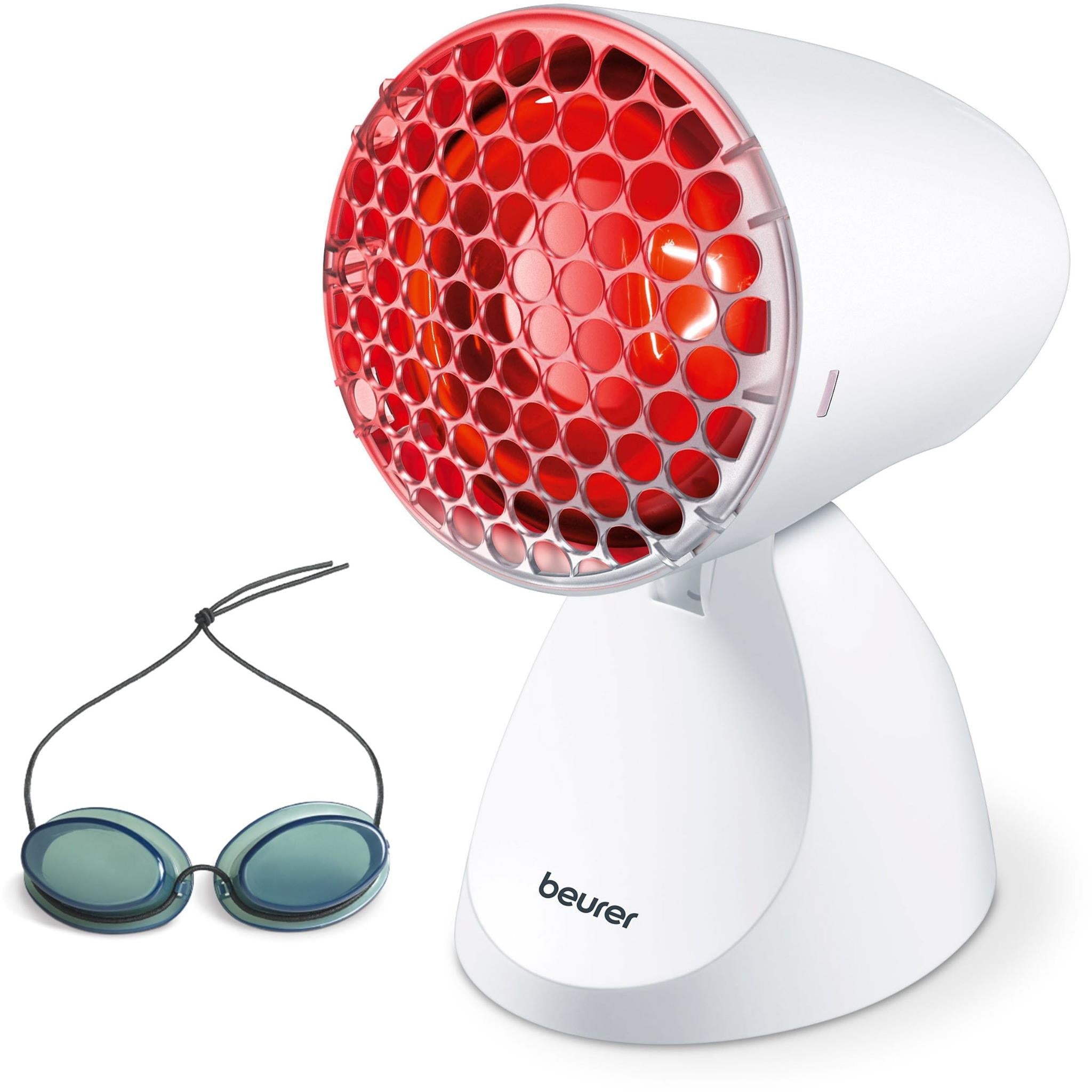 Beurer infrared heat lamp with protective glass and blue eyewear, tilting white base