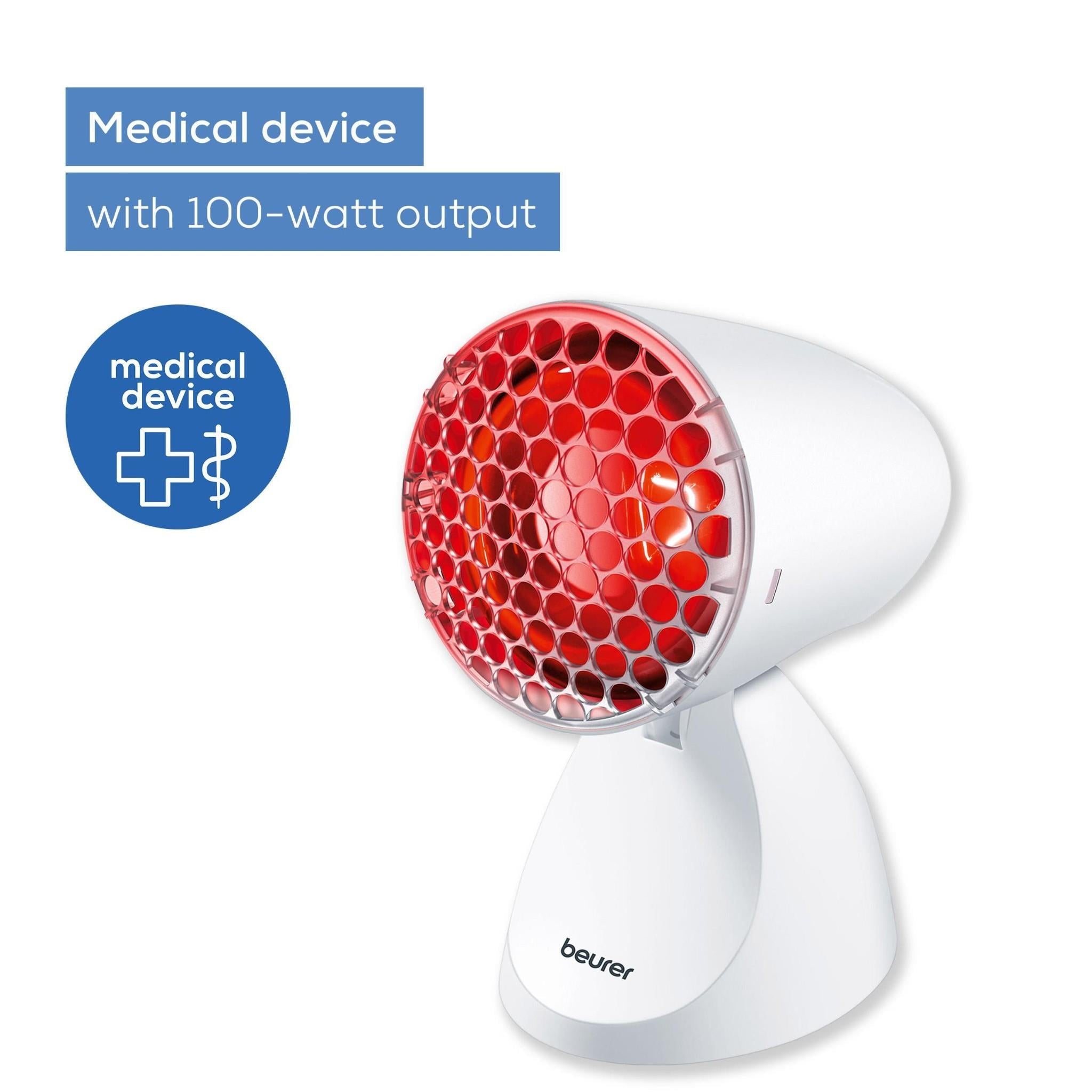 Beurer infrared heat lamp with red protective glass grille and tilting white head